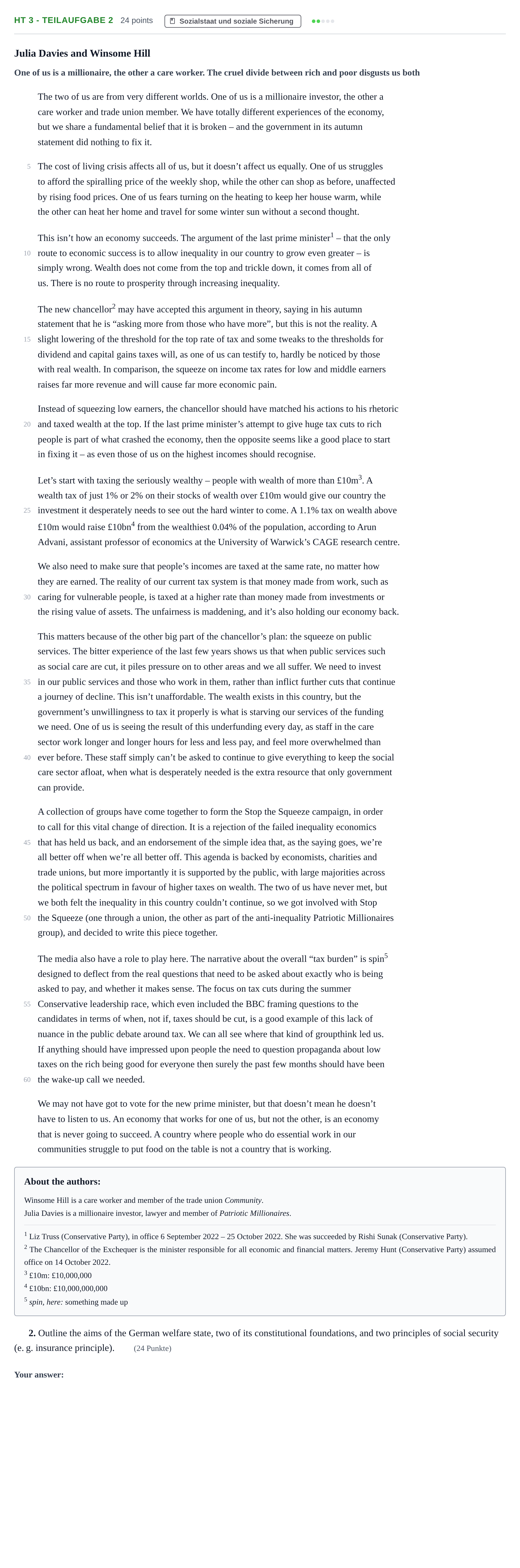 Aufgabenstellung: Aufgabe HT 3 - Teilaufgabe 2 · Abitur NRW Sozialwissenschaften GK · Haupttermin · bilingual Englisch 2023