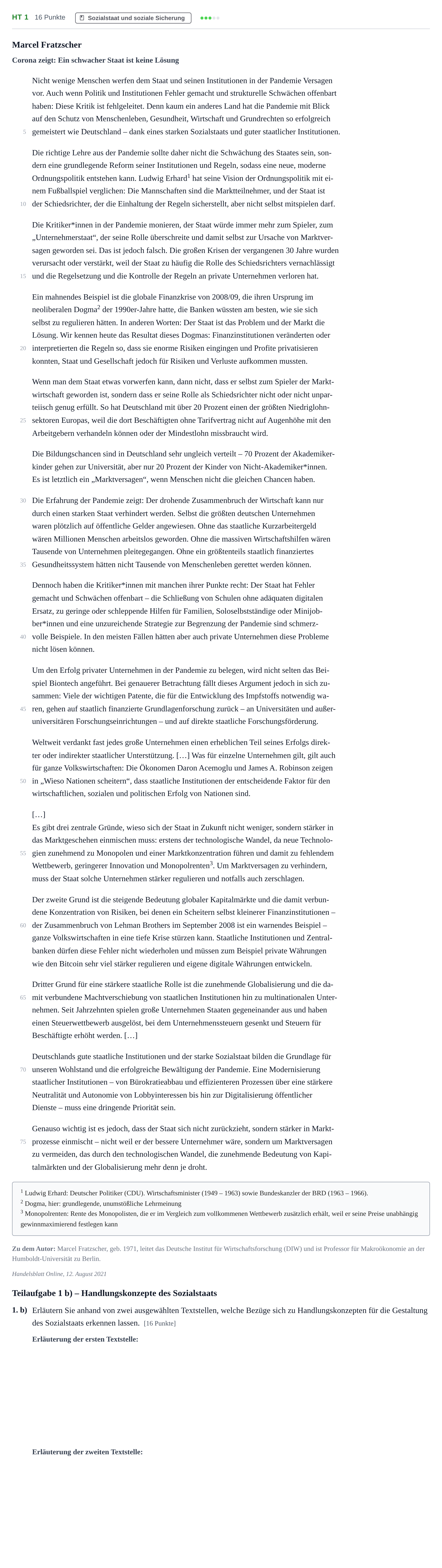 Aufgabenstellung: Aufgabe HT 1 - Sozialstaat · Abitur NRW Sozialwissenschaften GK · Haupttermin · Wirtschaft 2023