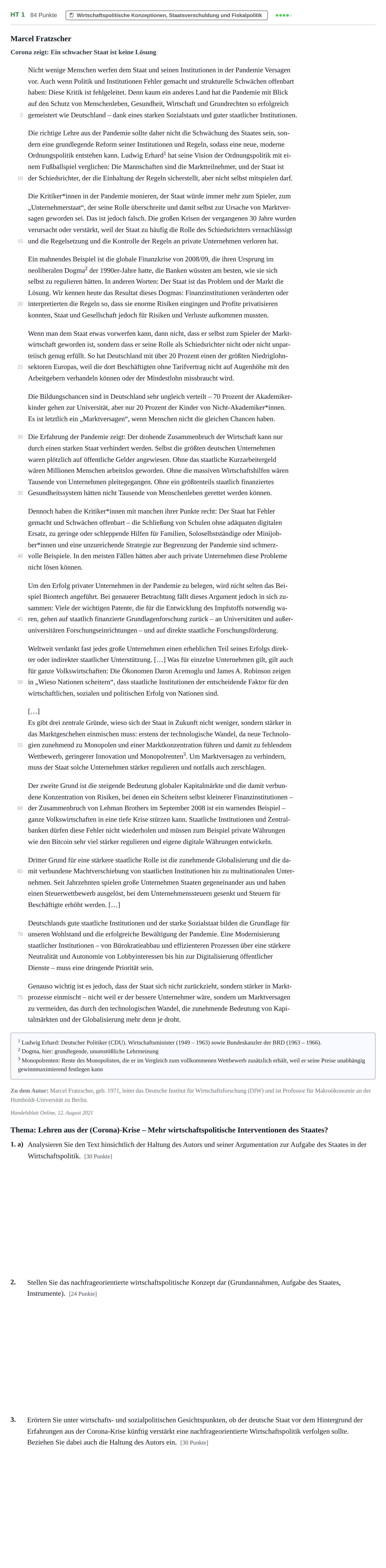 Aufgabenstellung: Aufgabe HT 1 - Wirtschaftspolitische Konzeptionen · Abitur NRW Sozialwissenschaften GK · Haupttermin · Wirtschaft 2023