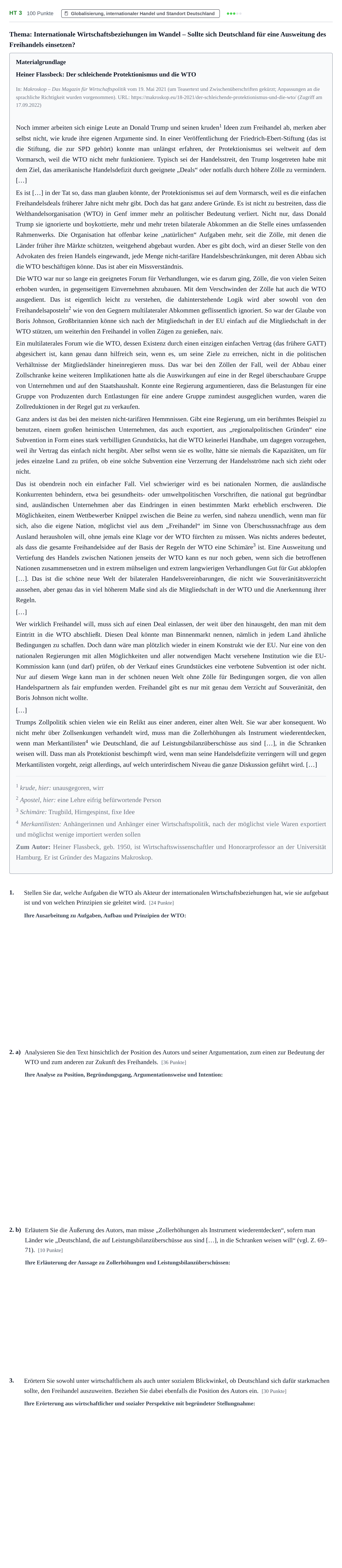 Aufgabenstellung: Aufgabe HT 3 · Abitur NRW Sozialwissenschaften GK · Haupttermin · Wirtschaft 2023