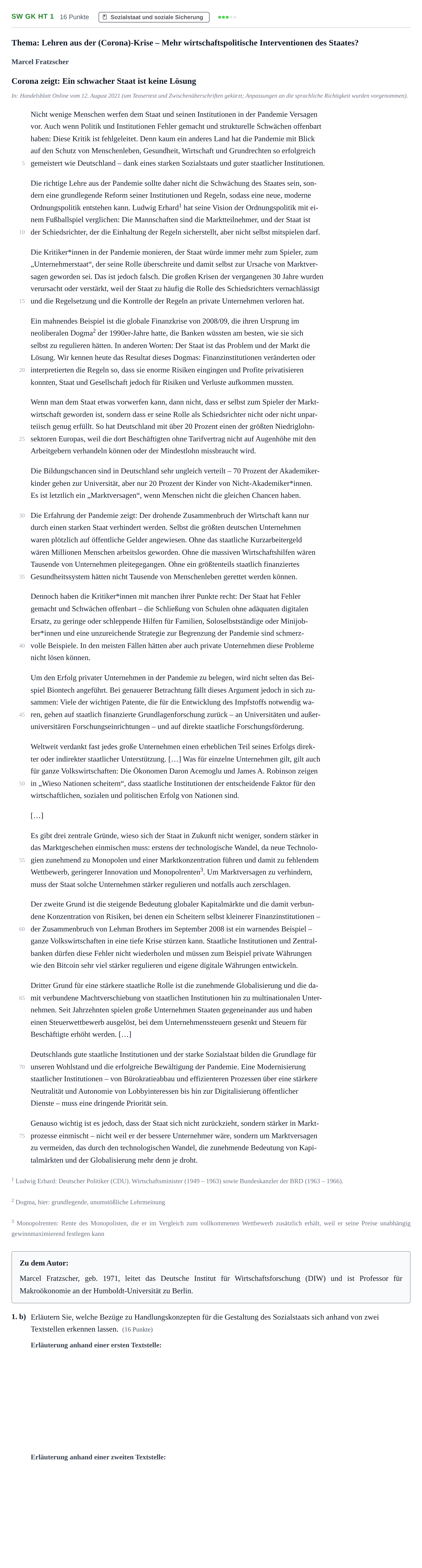 Aufgabenstellung: Aufgabe SW GK HT 1 - Sozialstaat · Abitur NRW Sozialwissenschaften GK · Haupttermin 2023