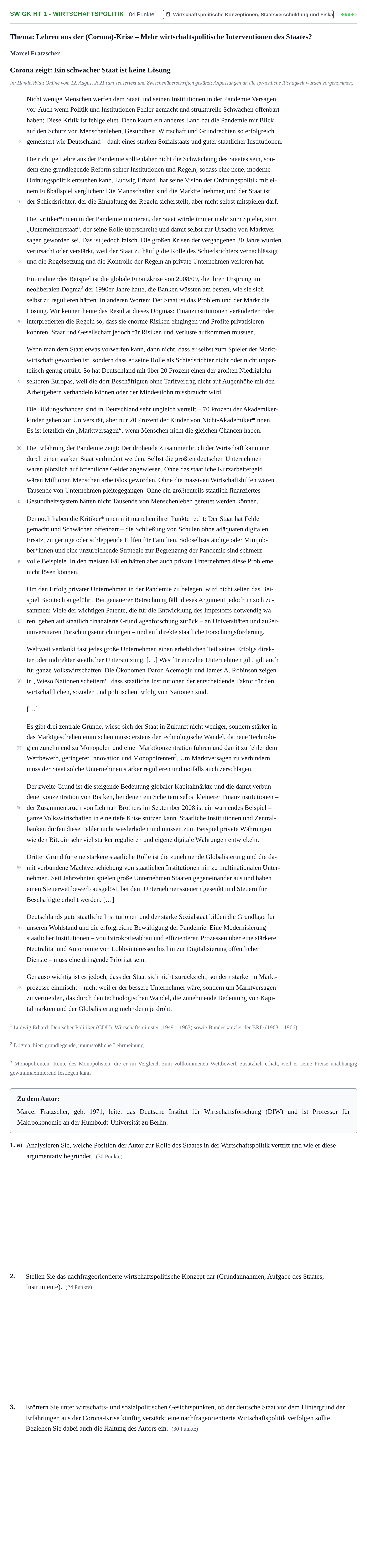 Aufgabenstellung: Aufgabe SW GK HT 1 - Wirtschaftspolitik · Abitur NRW Sozialwissenschaften GK · Haupttermin 2023