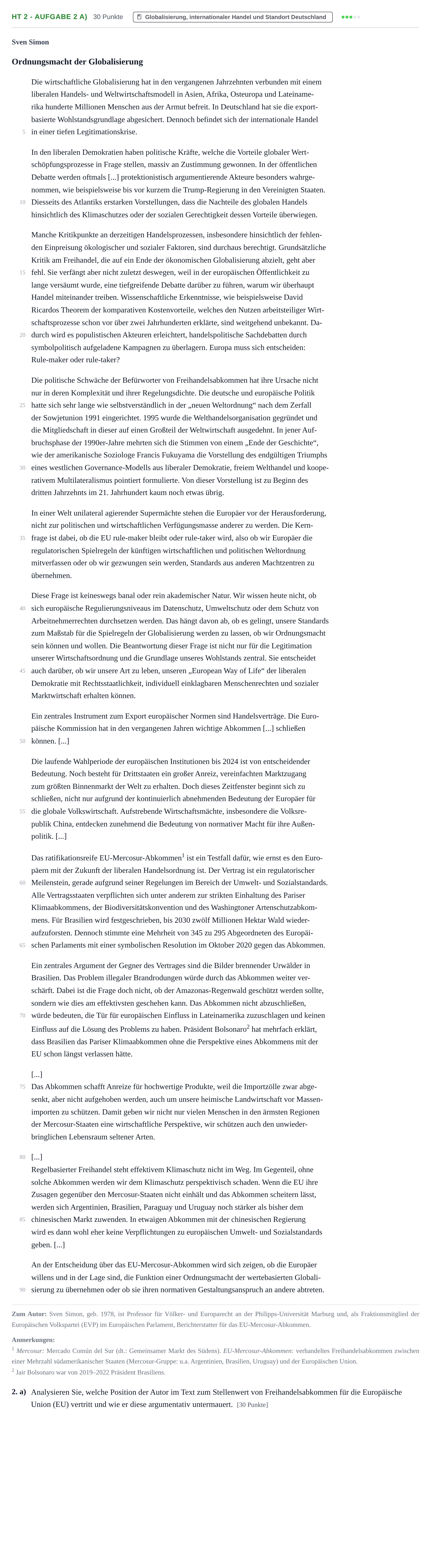 Aufgabenstellung: Aufgabe HT 2 - Aufgabe 2 a) · Abitur NRW Sozialwissenschaften LK · Haupttermin · Wirtschaft 2023