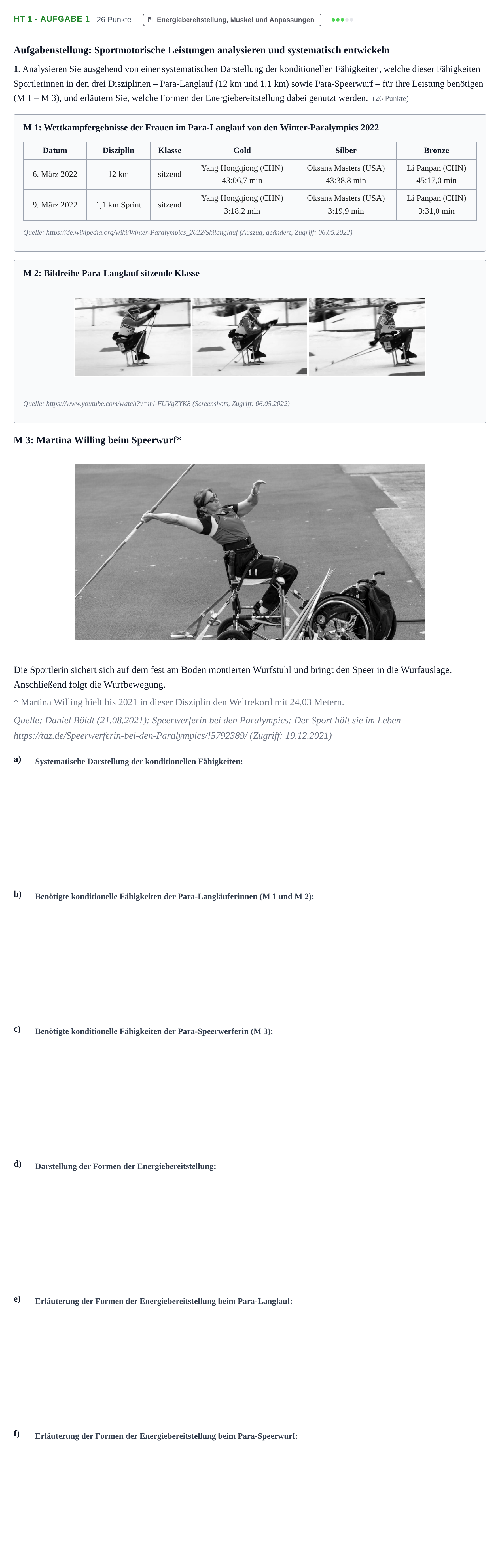 Aufgabenstellung: Aufgabe HT 1 - Aufgabe 1 · Abitur NRW Sport LK · Haupttermin 2023