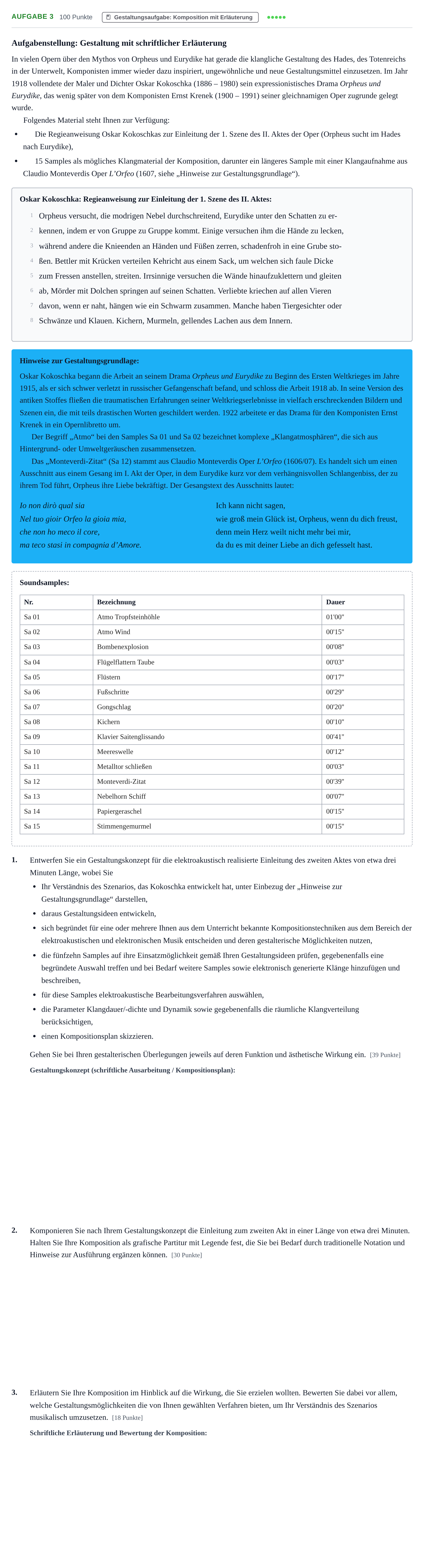 Aufgabenstellung: Aufgabe 3 · Abitur NRW Musik LK · Haupttermin 2023