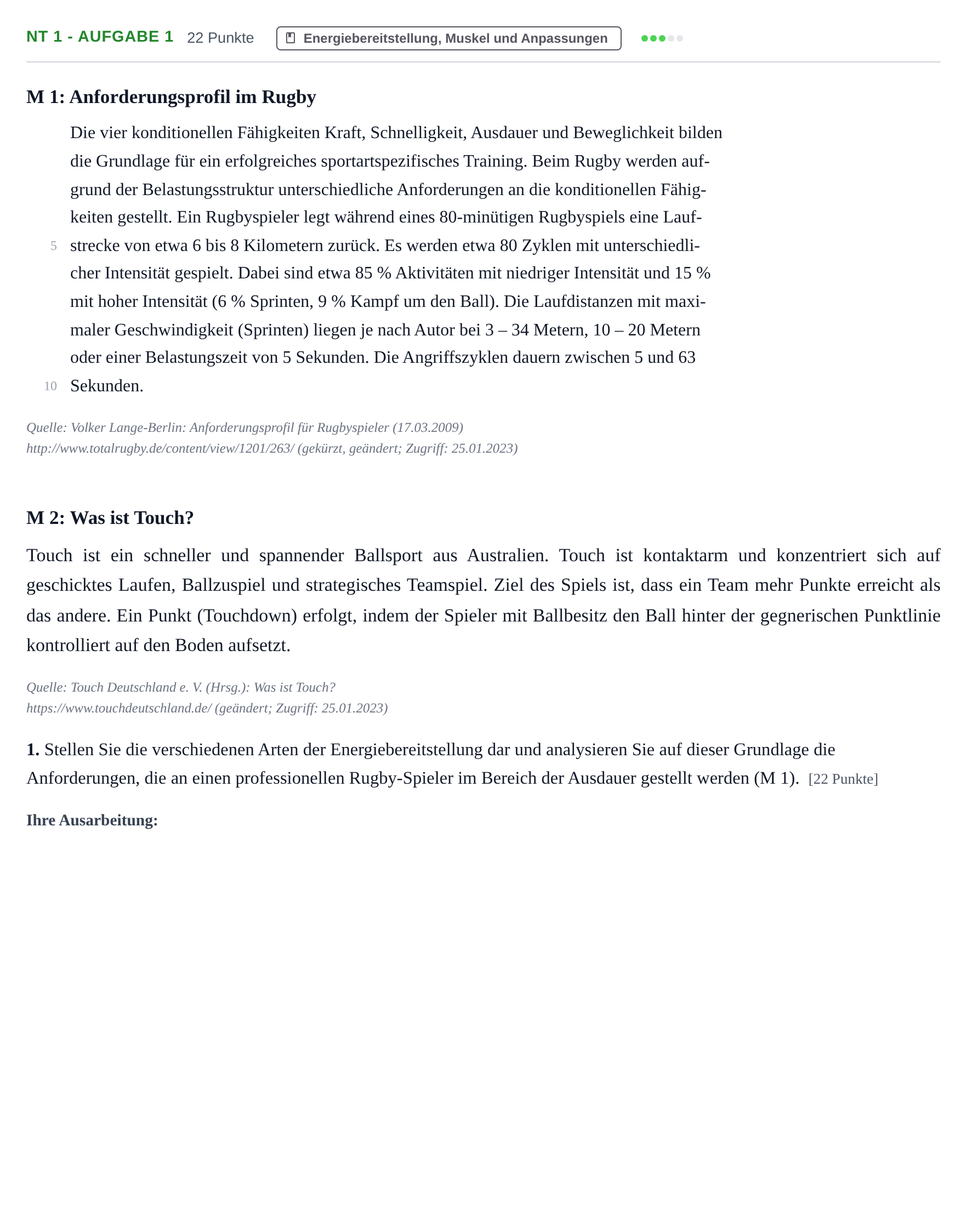 Aufgabenstellung: Aufgabe NT 1 - Aufgabe 1 · Abitur NRW Sport LK · Nachtermin 2023