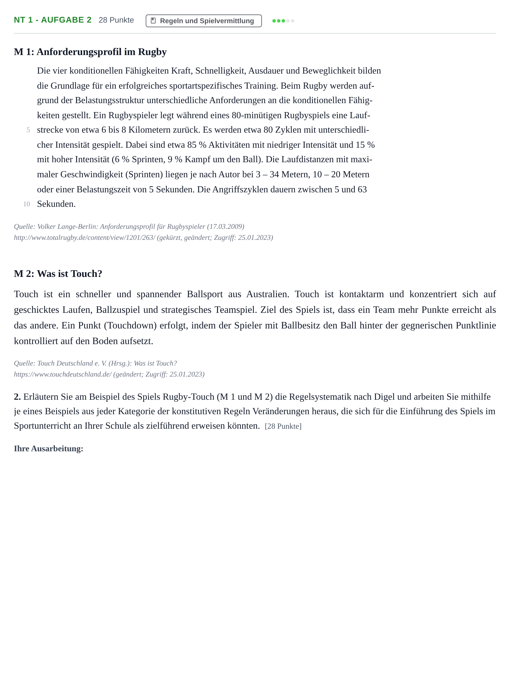 Aufgabenstellung: Aufgabe NT 1 - Aufgabe 2 · Abitur NRW Sport LK · Nachtermin 2023