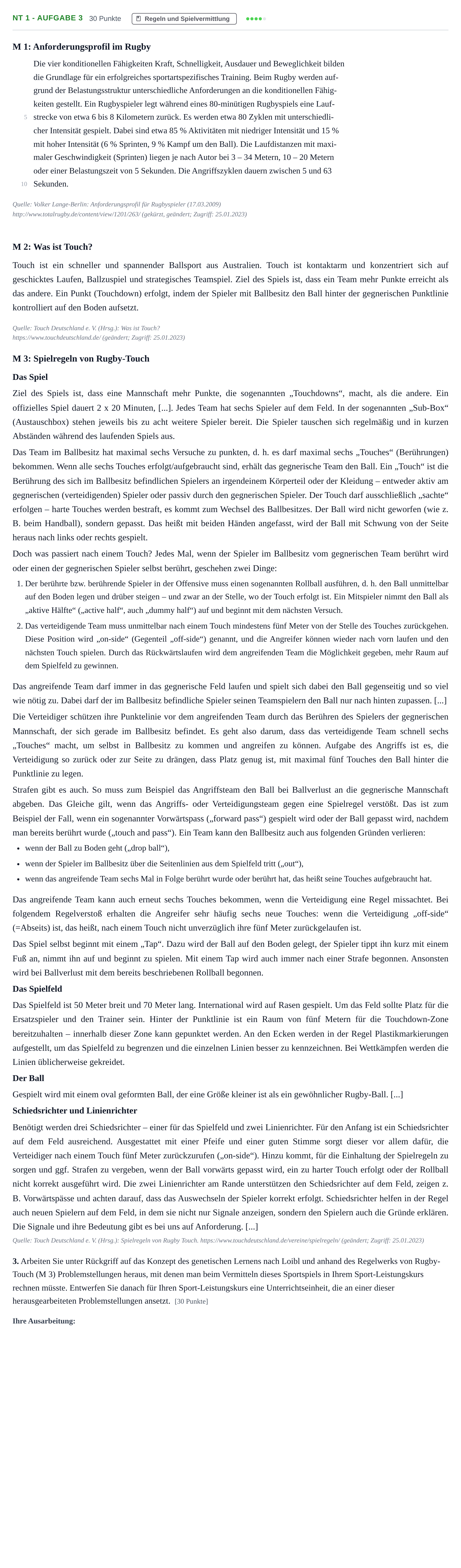 Aufgabenstellung: Aufgabe NT 1 - Aufgabe 3 · Abitur NRW Sport LK · Nachtermin 2023