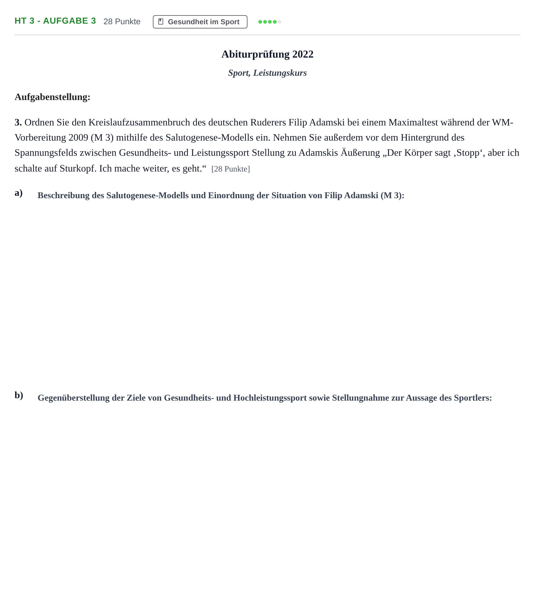 Aufgabenstellung: Aufgabe HT 3 - Aufgabe 3 · Abitur NRW Sport LK · Haupttermin 2022