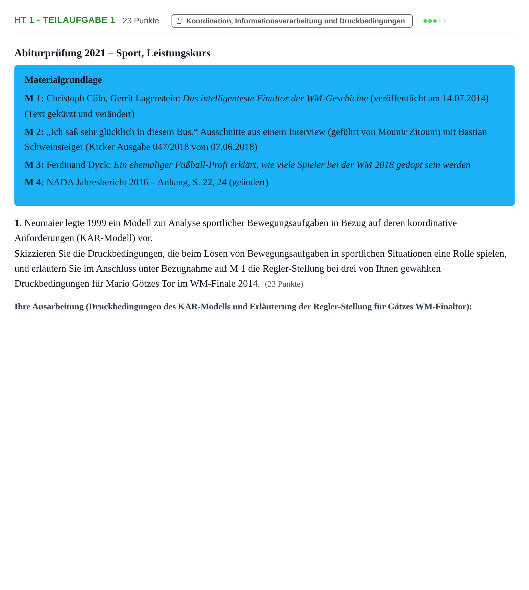 Aufgabenstellung: Aufgabe HT 1 - Teilaufgabe 1 · Abitur NRW Sport LK · Haupttermin 2021