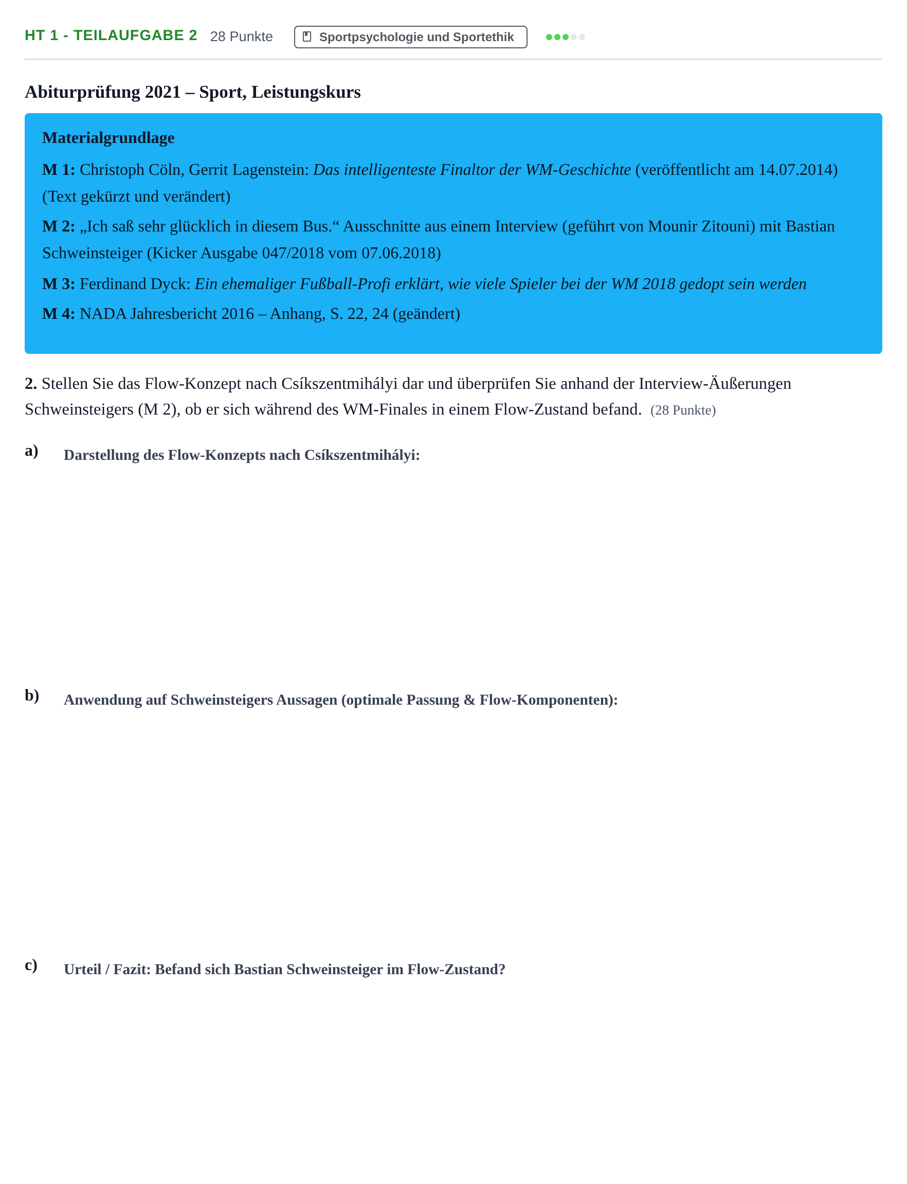 Aufgabenstellung: Aufgabe HT 1 - Teilaufgabe 2 · Abitur NRW Sport LK · Haupttermin 2021
