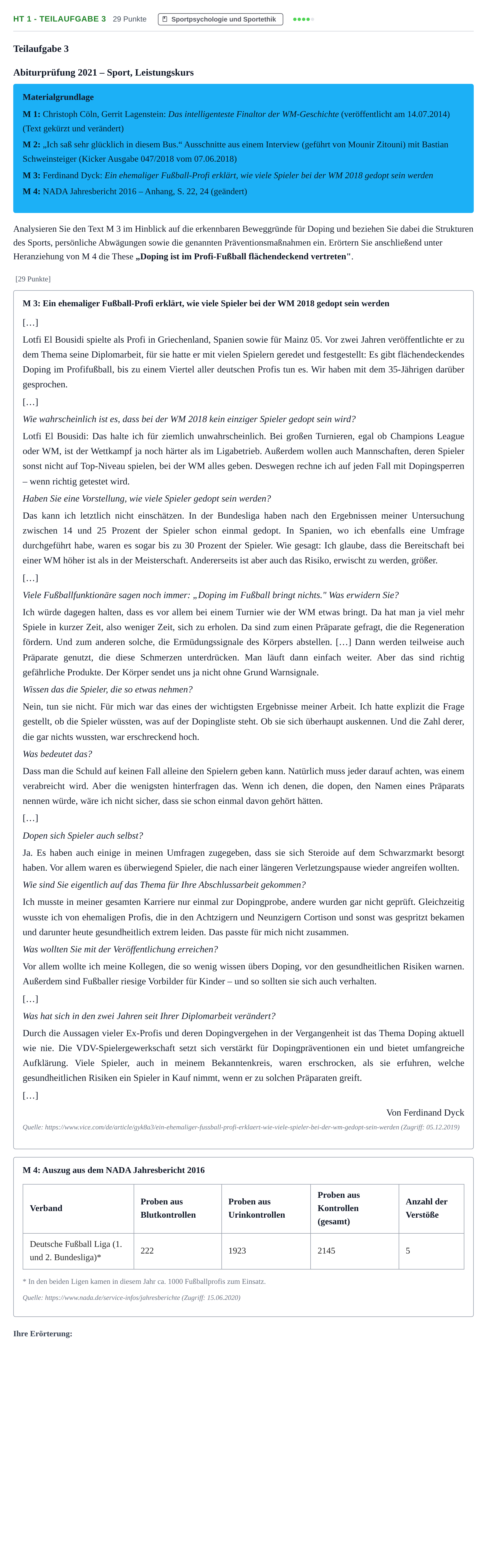 Aufgabenstellung: Aufgabe HT 1 - Teilaufgabe 3 · Abitur NRW Sport LK · Haupttermin 2021