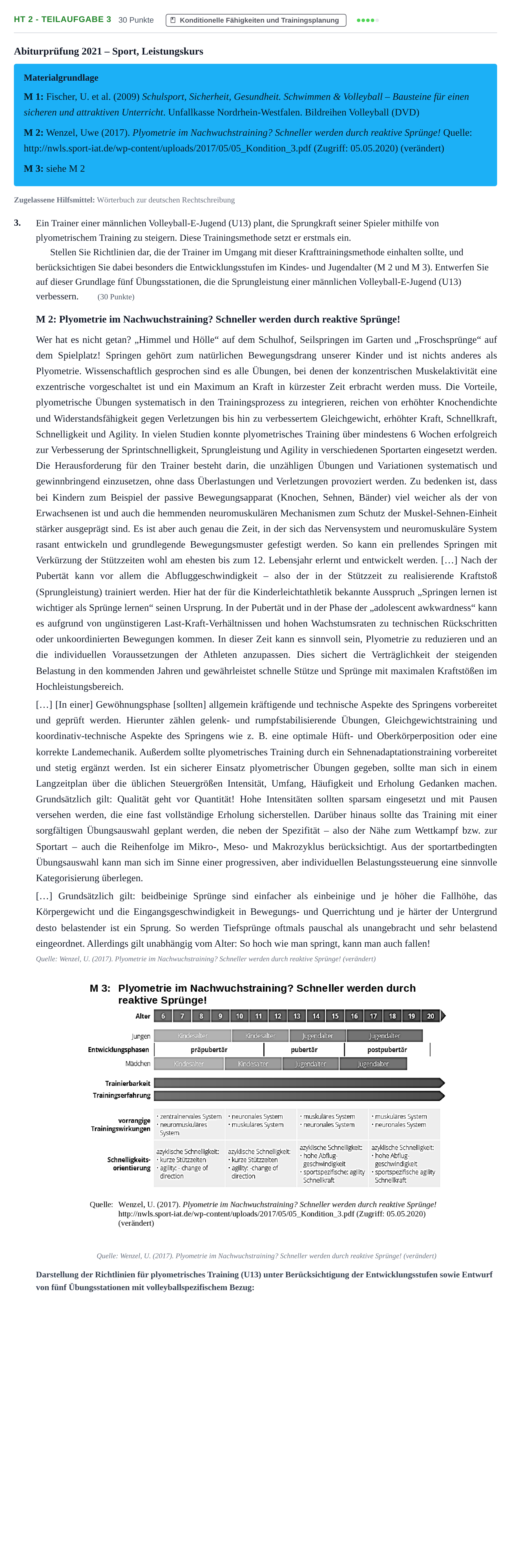 Aufgabenstellung: Aufgabe HT 2 - Teilaufgabe 3 · Abitur NRW Sport LK · Haupttermin 2021