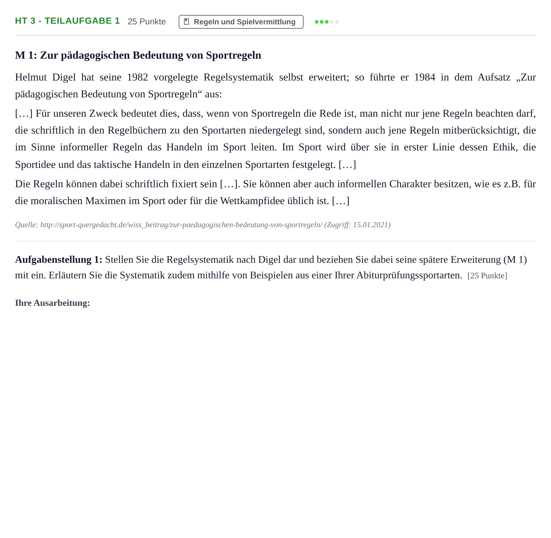 Aufgabenstellung: Aufgabe HT 3 - Teilaufgabe 1 · Abitur NRW Sport LK · Haupttermin 2021