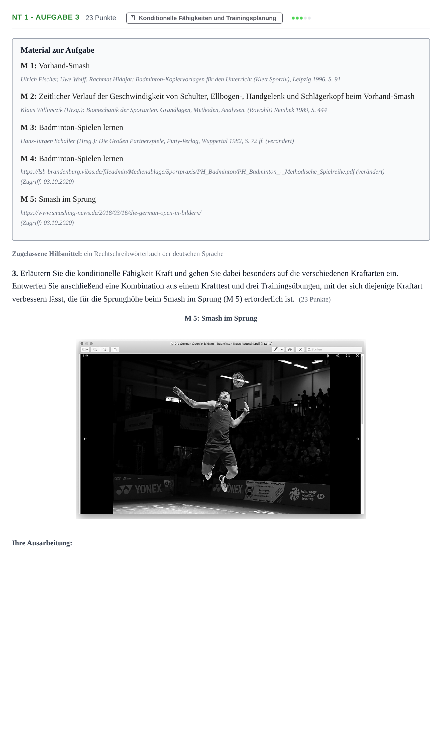 Aufgabenstellung: Aufgabe NT 1 - Aufgabe 3 · Abitur NRW Sport LK · Nachtermin 2021