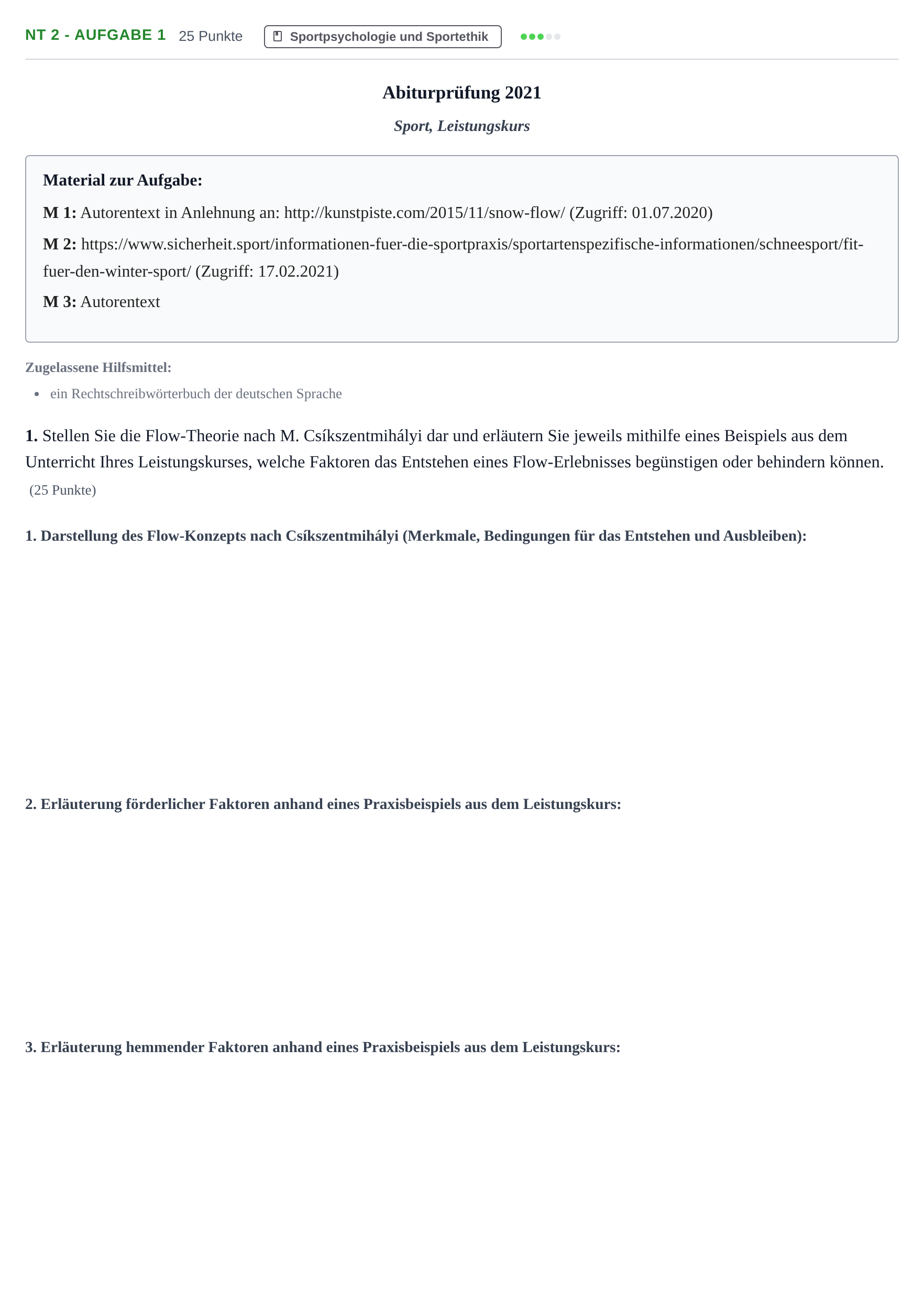 Aufgabenstellung: Aufgabe NT 2 - Aufgabe 1 · Abitur NRW Sport LK · Nachtermin 2021