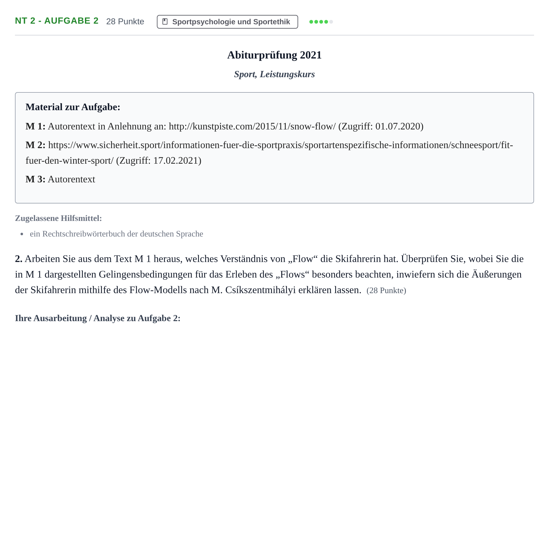 Aufgabenstellung: Aufgabe NT 2 - Aufgabe 2 · Abitur NRW Sport LK · Nachtermin 2021