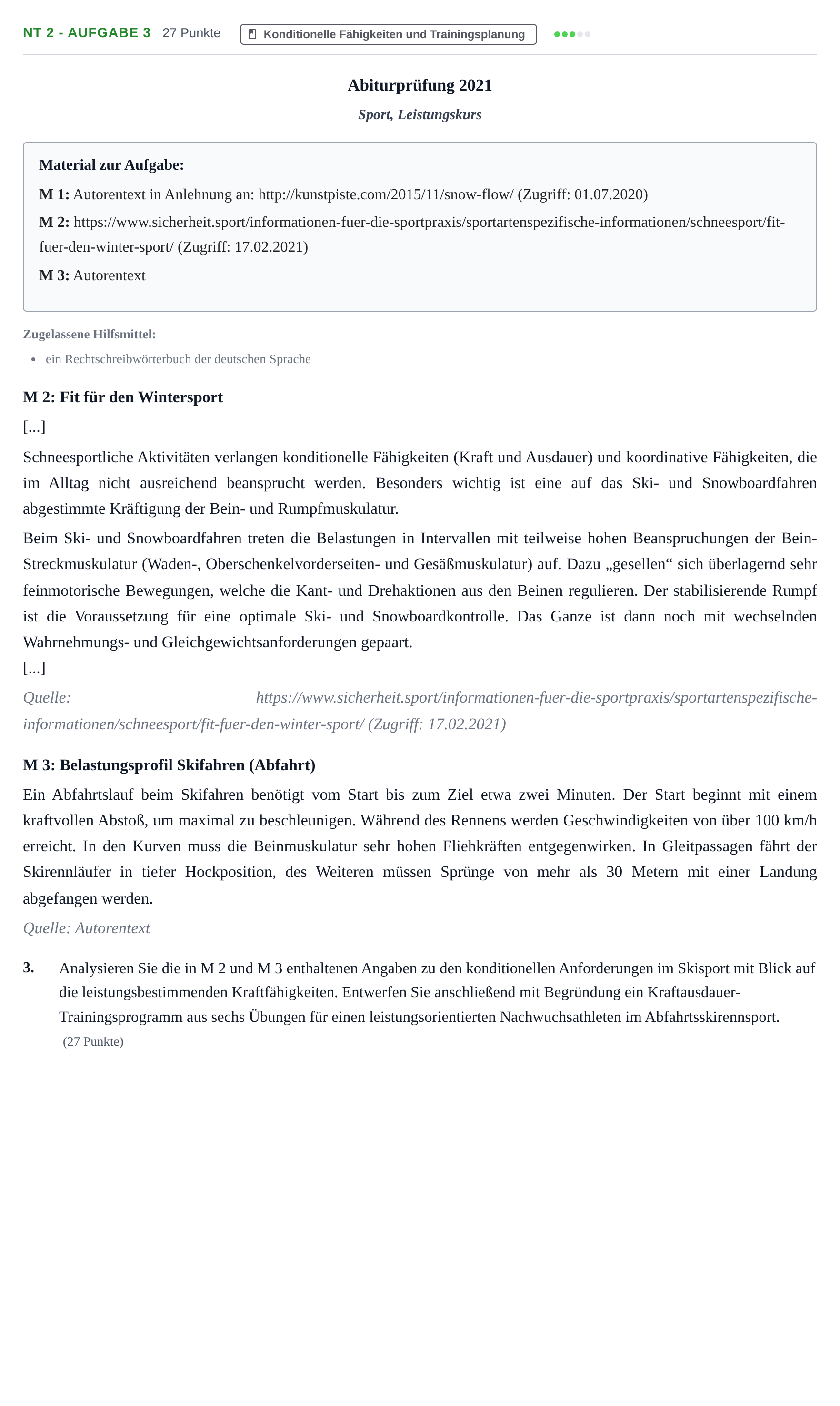 Aufgabenstellung: Aufgabe NT 2 - Aufgabe 3 · Abitur NRW Sport LK · Nachtermin 2021