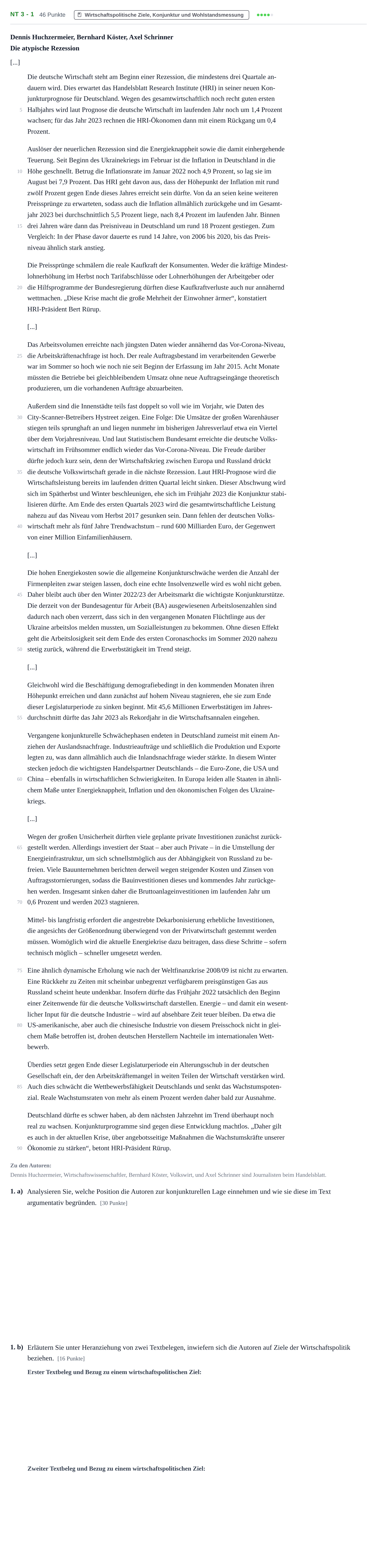 Aufgabenstellung: Aufgabe NT 3 - 1 · Abitur NRW Sozialwissenschaften LK · Nachtermin · Wirtschaft 2023