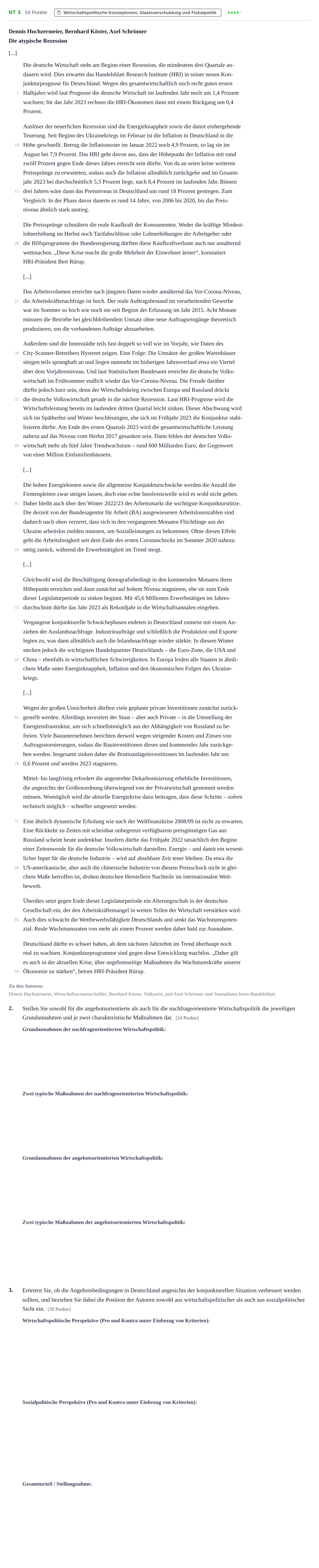 Aufgabenstellung: Aufgabe NT 3 · Abitur NRW Sozialwissenschaften LK · Nachtermin · Wirtschaft 2023