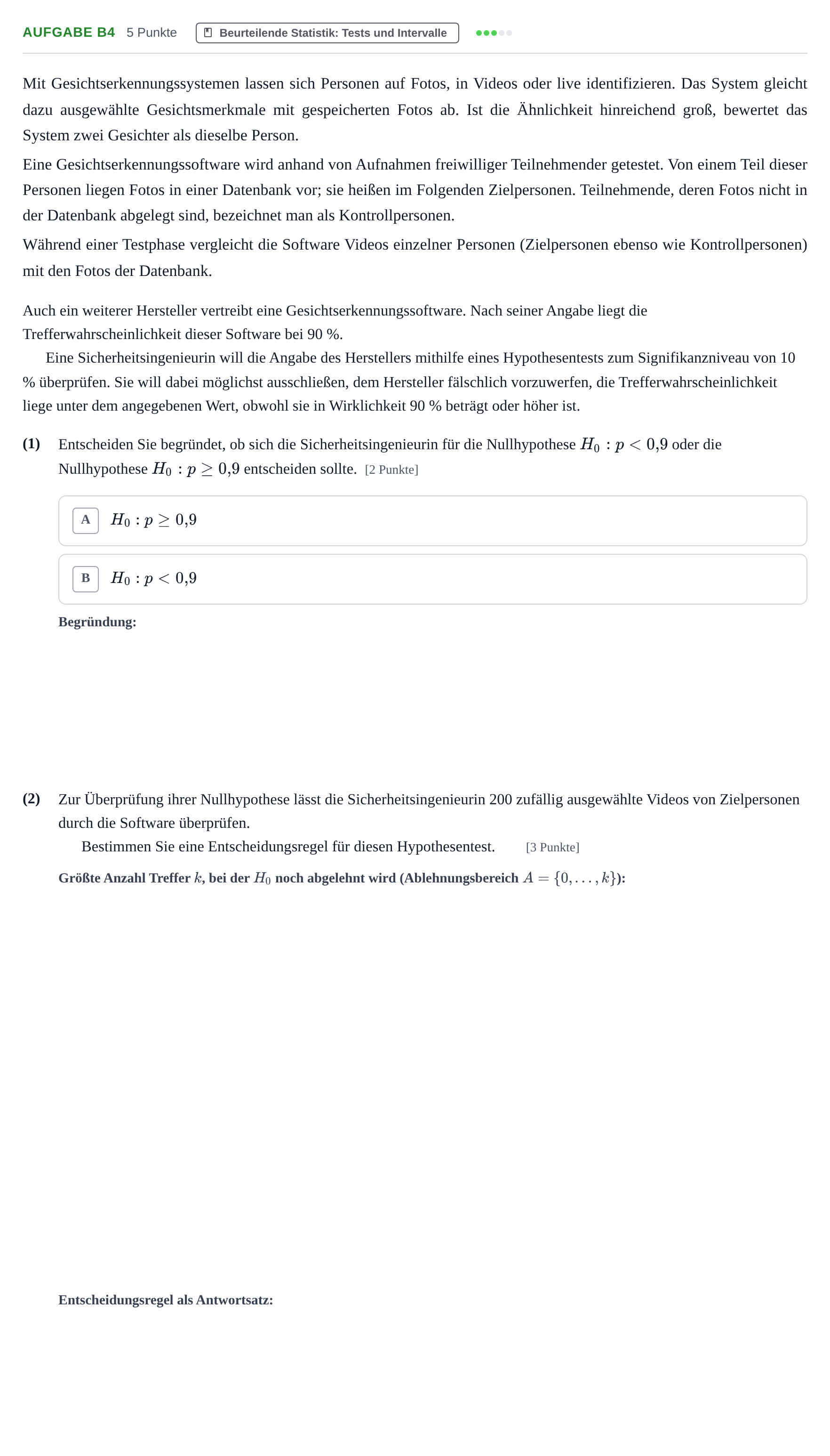Aufgabenstellung: Aufgabe B4 - Beurteilende Statistik · Abitur NRW Mathematik LK · Nachtermin · GTR · Weiterbildungsko 2023