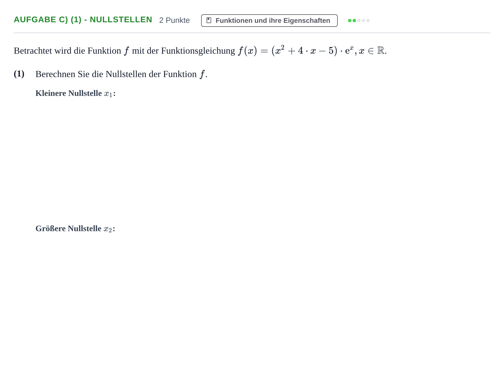 Aufgabenstellung: Aufgabe c) (1) - Nullstellen · Abitur NRW Mathematik LK · Nachtermin · GTR · Weiterbildungsko 2023