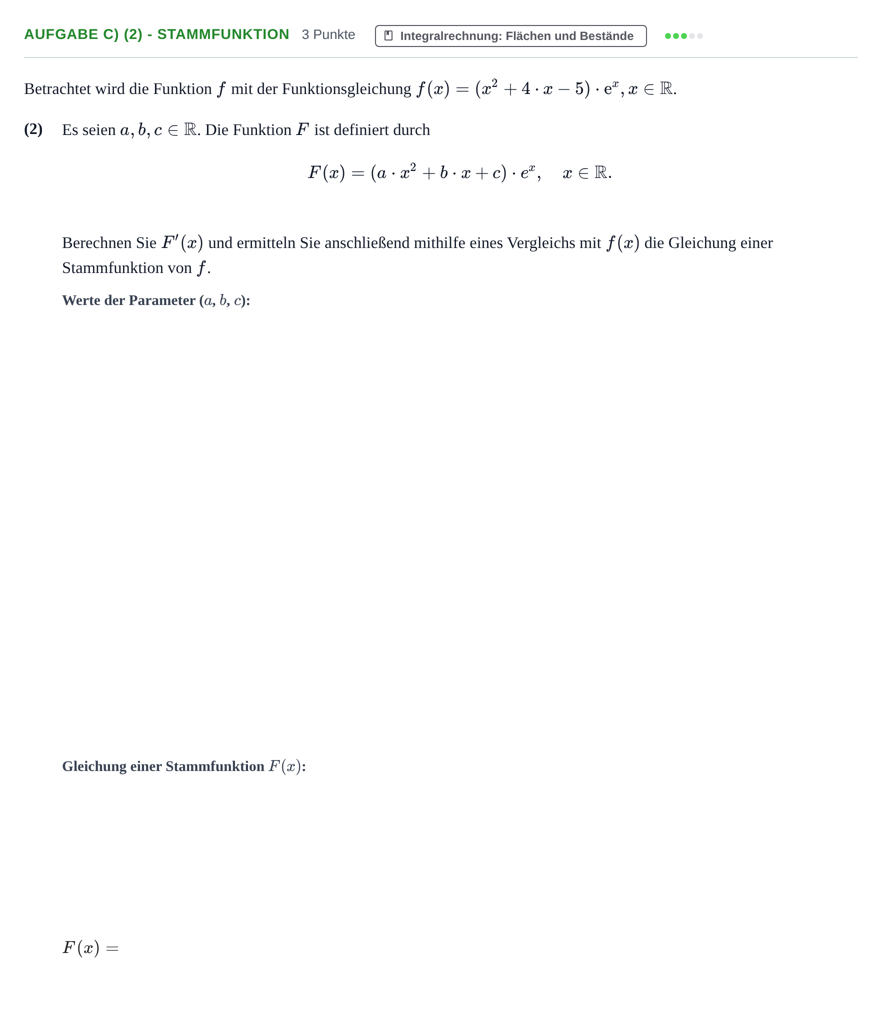 Aufgabenstellung: Aufgabe c) (2) - Stammfunktion · Abitur NRW Mathematik LK · Nachtermin · GTR · Weiterbildungsko 2023