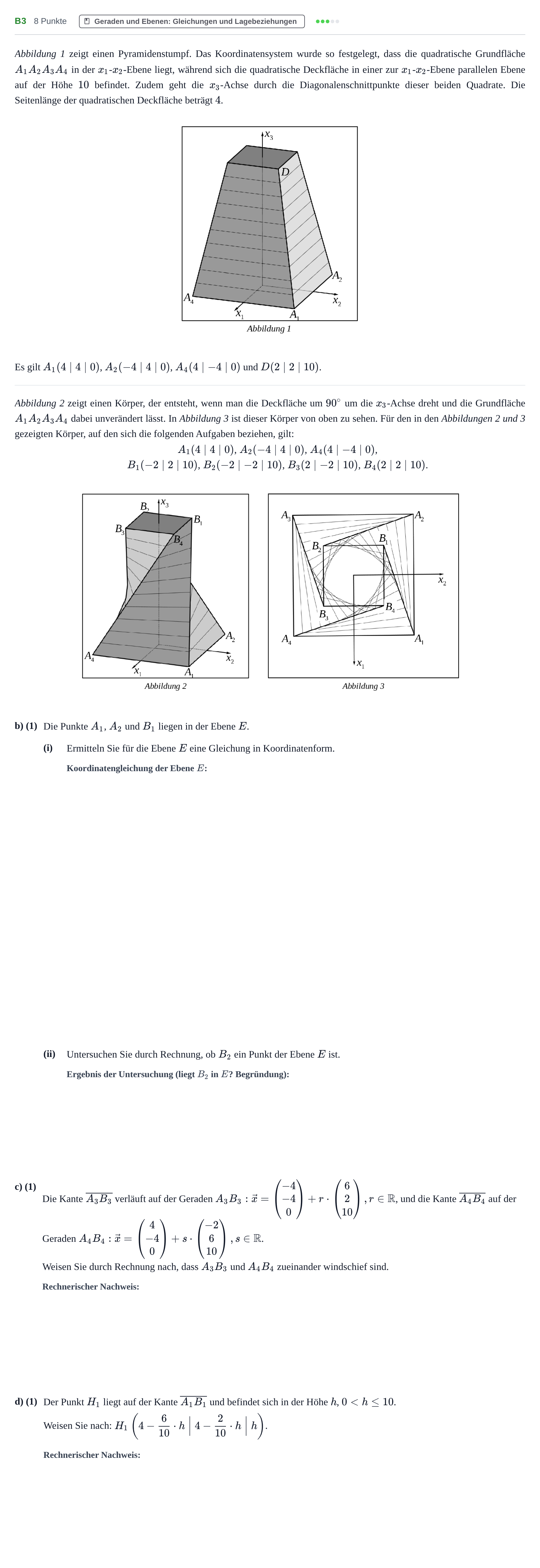 Aufgabenstellung: Aufgabe B3 - Geraden und Ebenen · Abitur NRW Mathematik LK · Nachtermin · GTR 2023