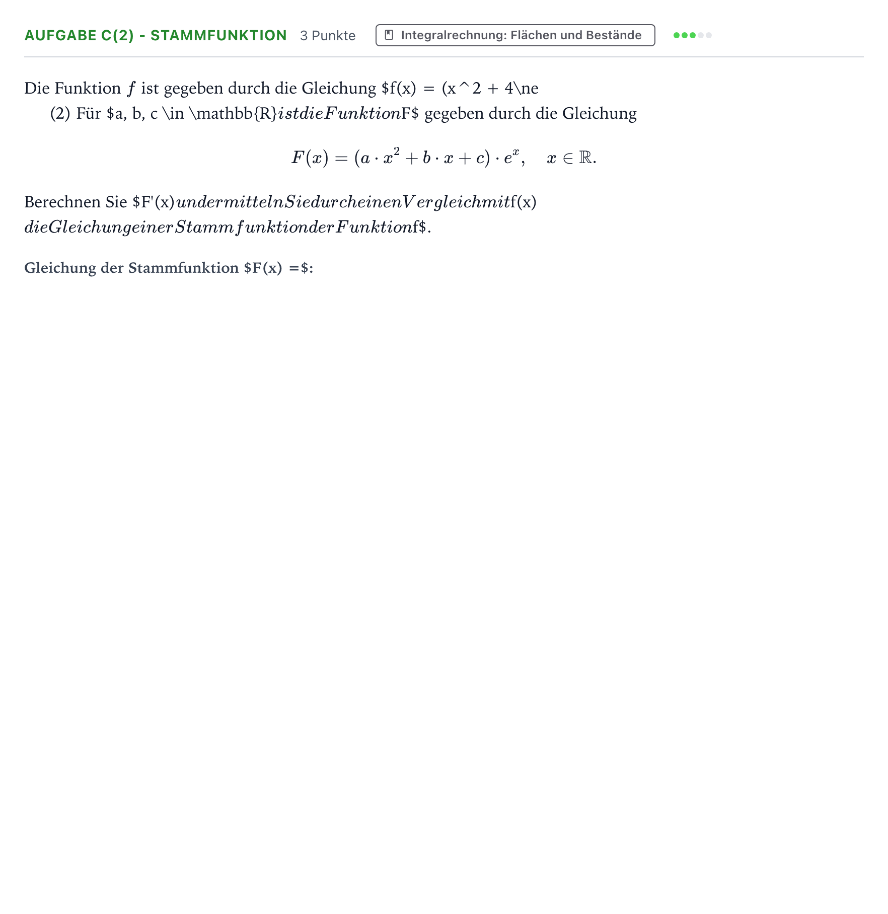 Aufgabenstellung: Aufgabe c(2) - Stammfunktion · Abitur NRW Mathematik LK · Nachtermin · GTR 2023