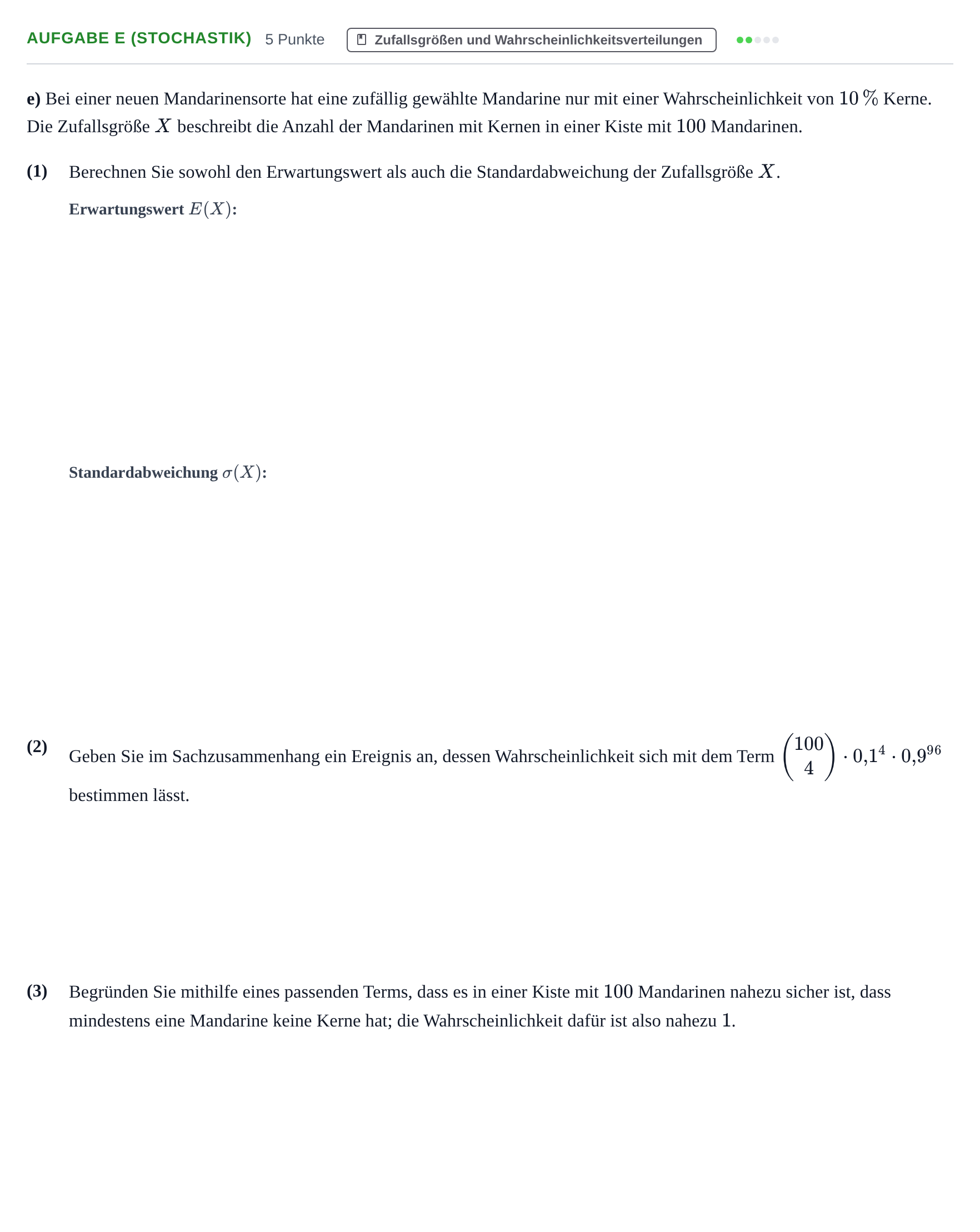 Aufgabenstellung: Aufgabe e (Stochastik) · Abitur NRW Mathematik LK · Nachtermin · GTR 2023