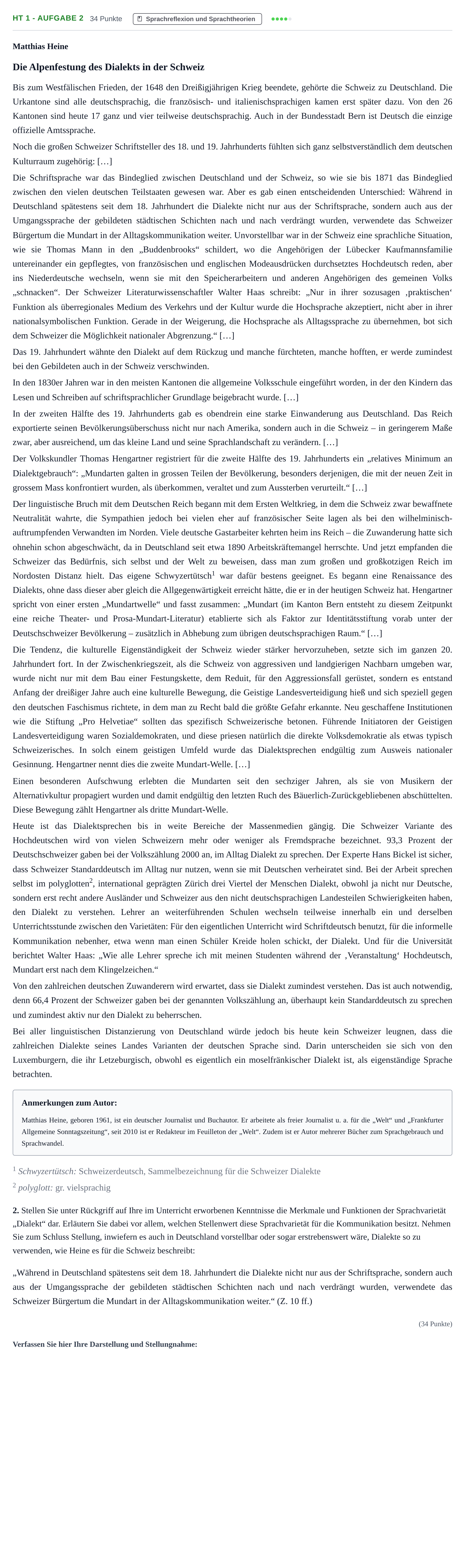 Aufgabenstellung: Aufgabe HT 1 - Aufgabe 2 · Abitur NRW Deutsch GK · Haupttermin · Weiterbildungskolleg 2021