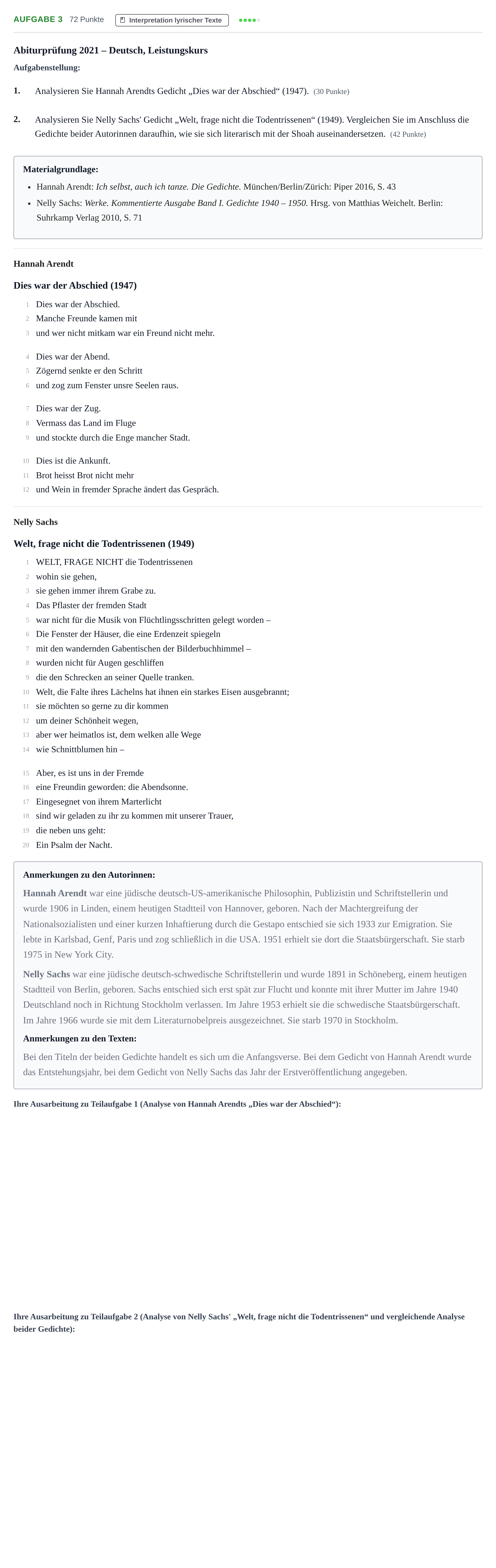 Aufgabenstellung: Aufgabe 3 · Abitur NRW Deutsch LK · Nachtermin 2021