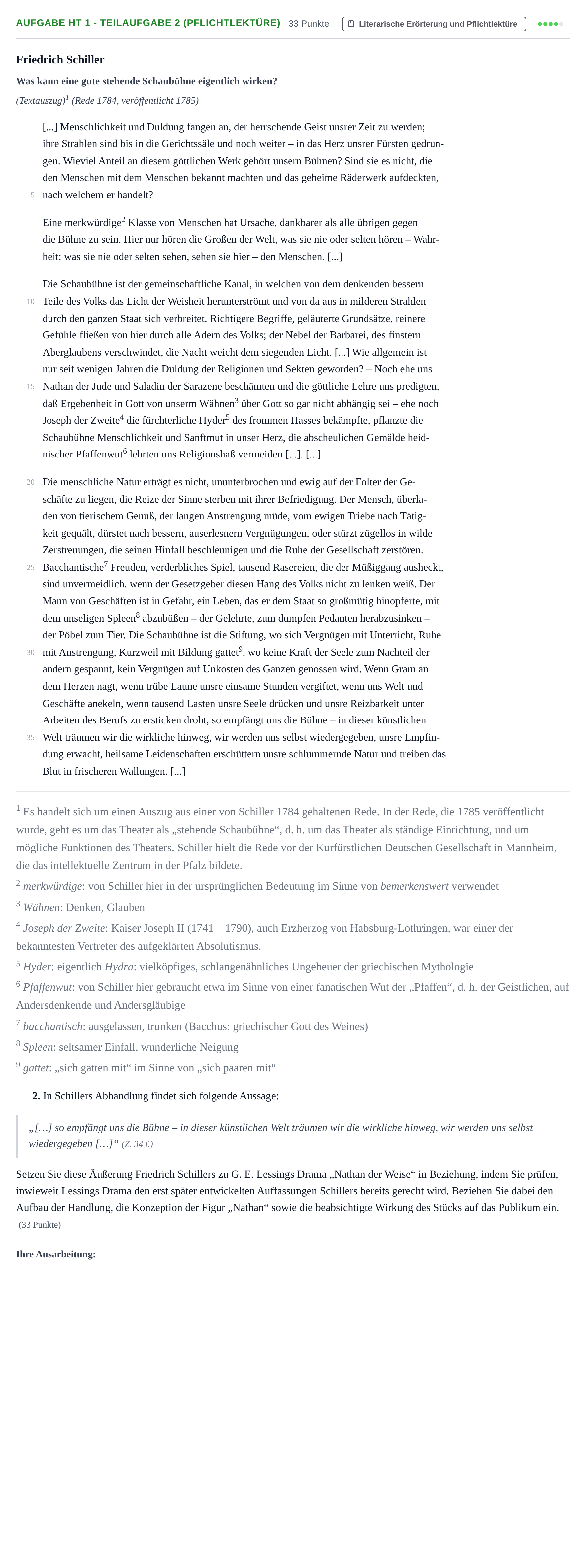 Aufgabenstellung: Aufgabe HT 1 - Teilaufgabe 2 (Pflichtlektüre) · Abitur NRW Deutsch LK · Haupttermin 2021