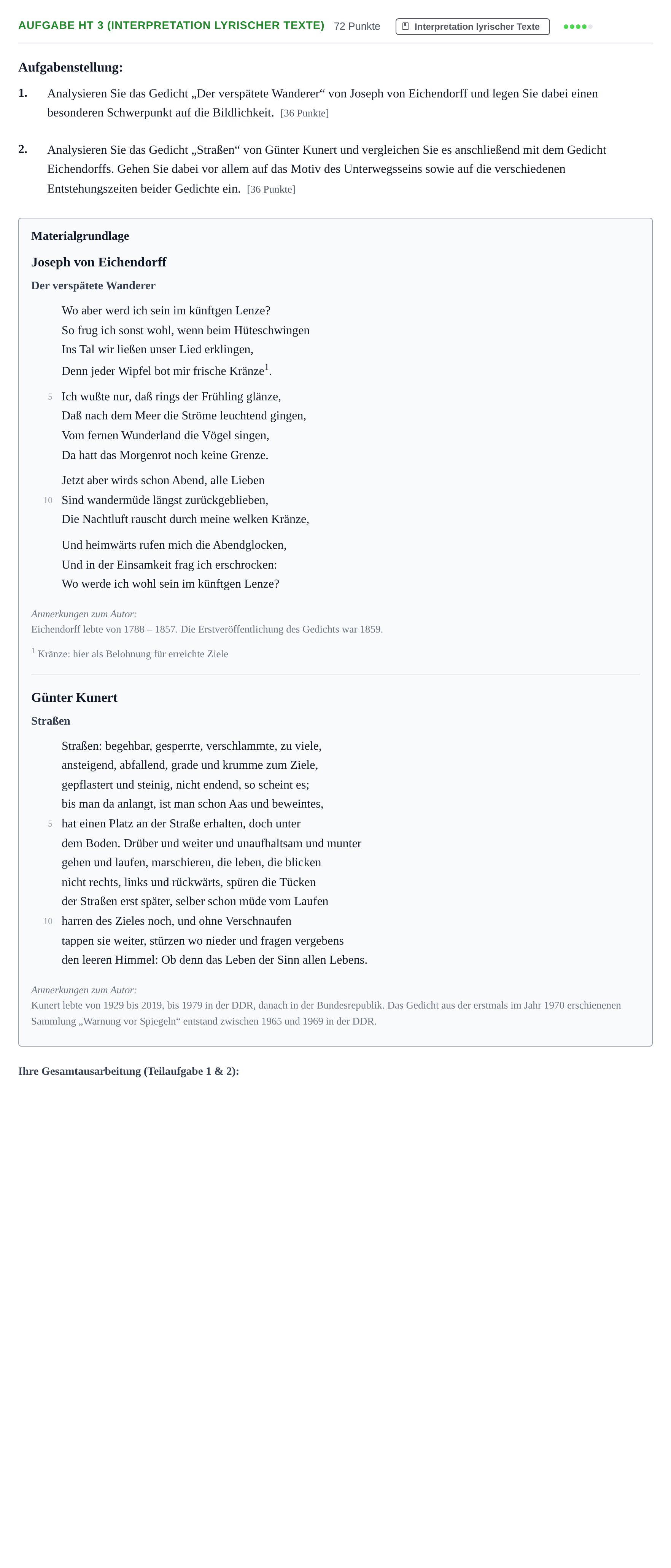 Aufgabenstellung: Aufgabe HT 3 (Interpretation lyrischer Texte) · Abitur NRW Deutsch LK · Haupttermin 2021