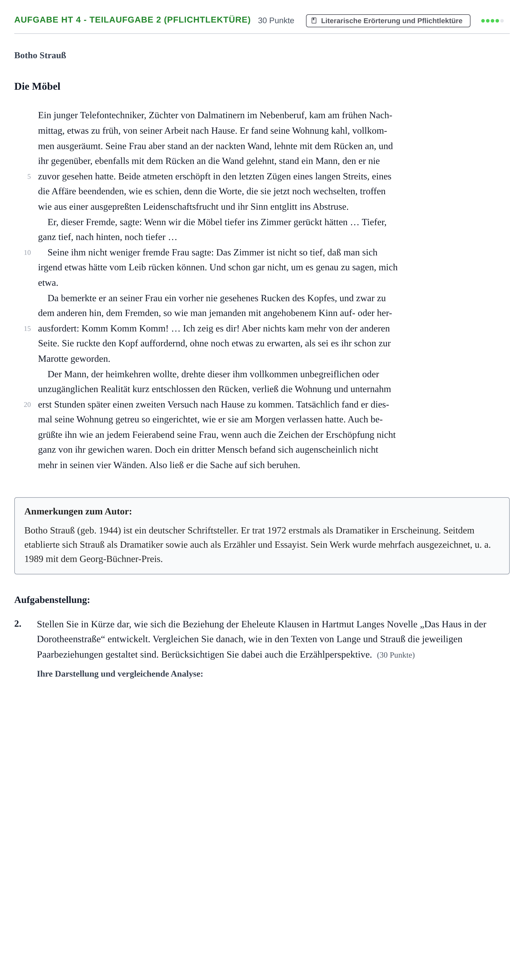 Aufgabenstellung: Aufgabe HT 4 - Teilaufgabe 2 (Pflichtlektüre) · Abitur NRW Deutsch LK · Haupttermin 2021