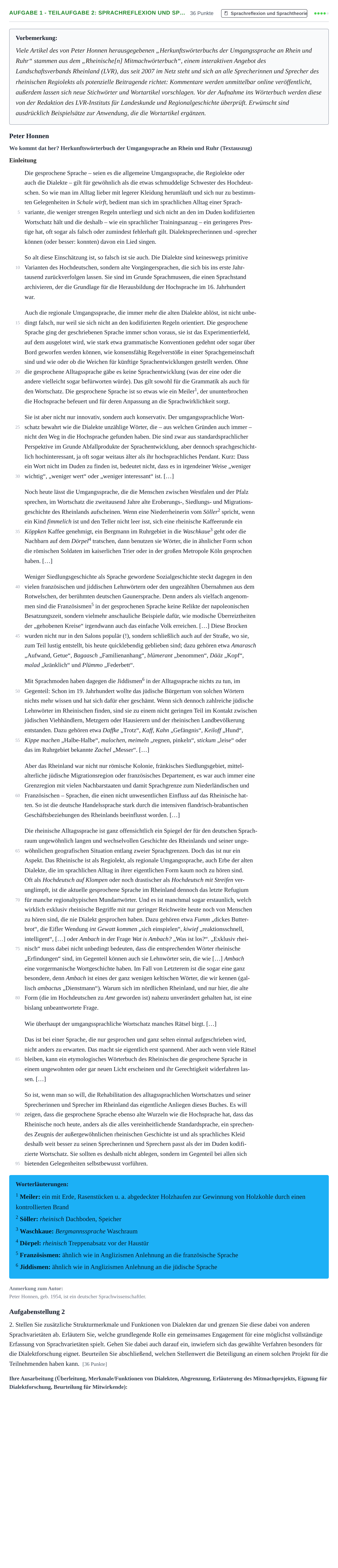 Aufgabenstellung: Aufgabe 1 - Teilaufgabe 2: Sprachreflexion und Sp… · Abitur NRW Deutsch GK · Nachtermin 2021