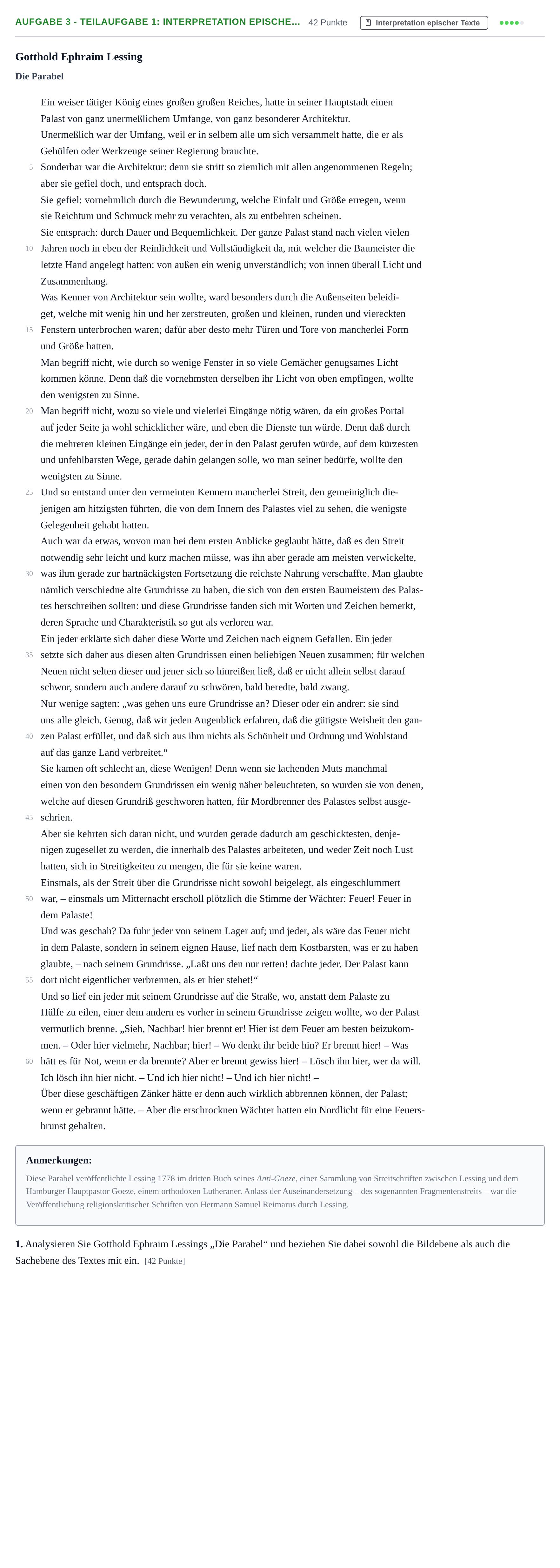 Aufgabenstellung: Aufgabe 3 - Teilaufgabe 1: Interpretation epische… · Abitur NRW Deutsch GK · Nachtermin 2021
