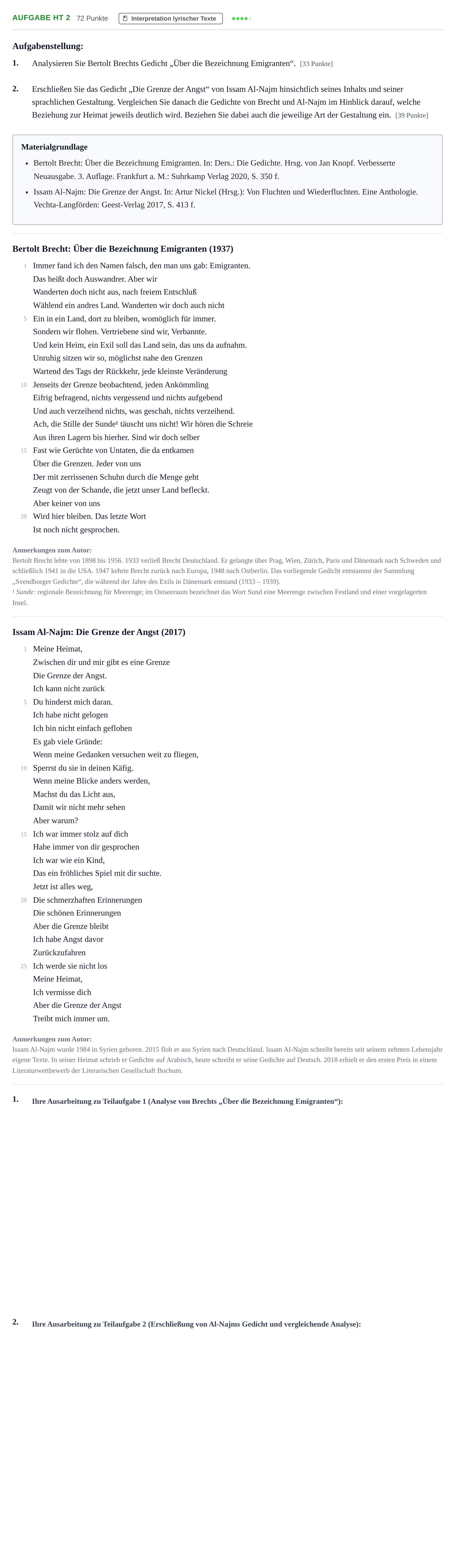 Aufgabenstellung: Aufgabe HT 2 · Abitur NRW Deutsch GK · Haupttermin 2022