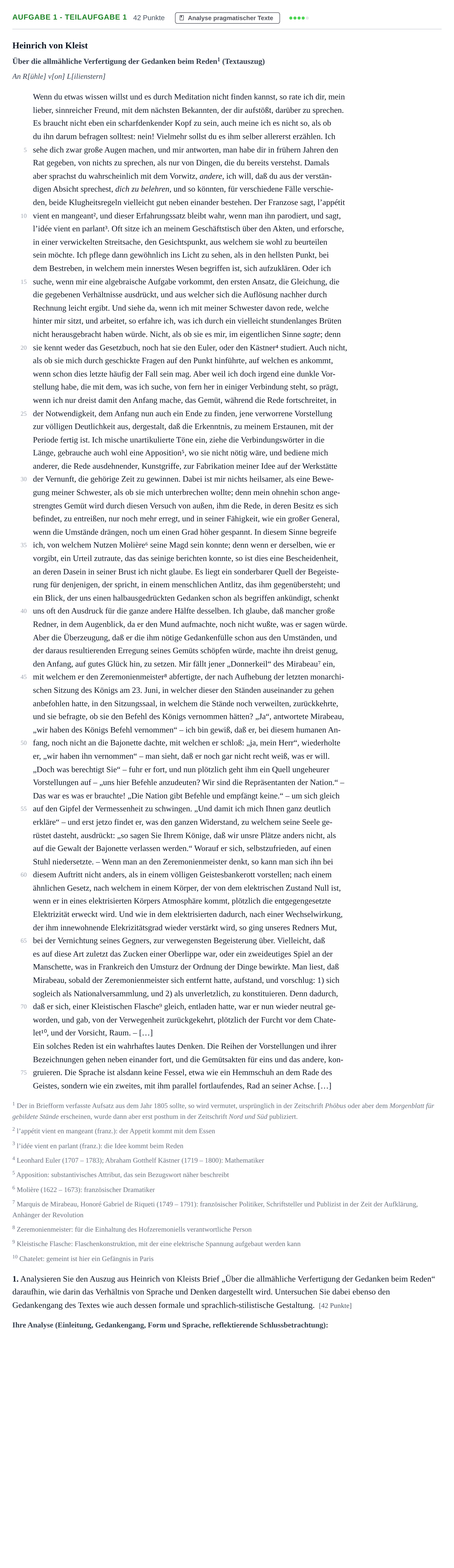 Aufgabenstellung: Aufgabe 1 - Teilaufgabe 1 · Abitur NRW Deutsch LK · Nachtermin · Weiterbildungskolleg 2021