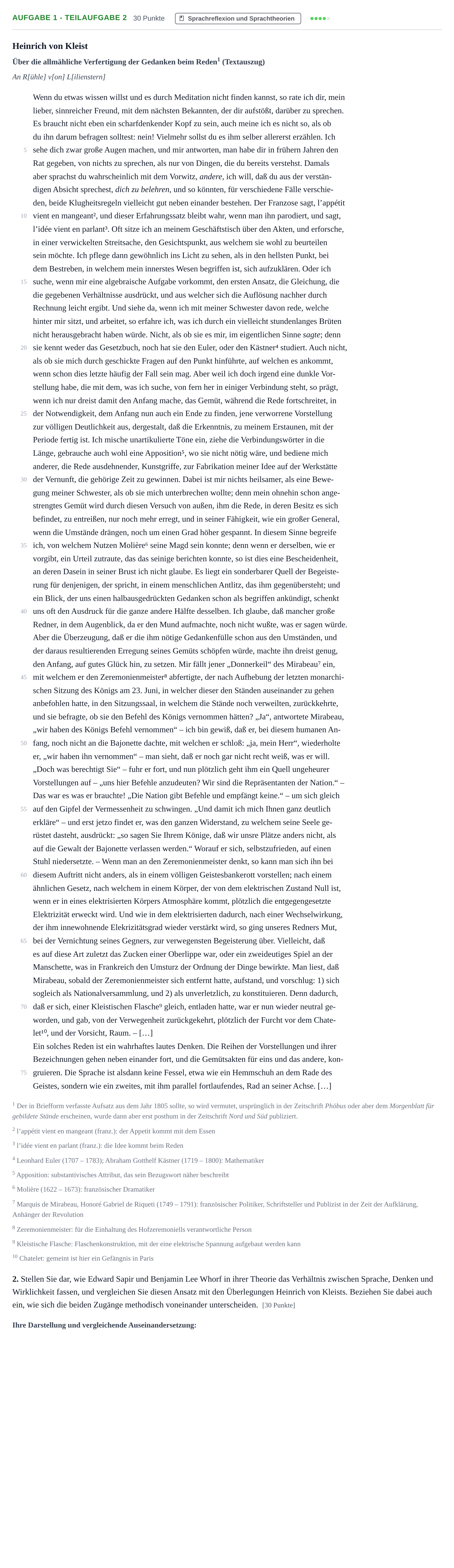 Aufgabenstellung: Aufgabe 1 - Teilaufgabe 2 · Abitur NRW Deutsch LK · Nachtermin · Weiterbildungskolleg 2021