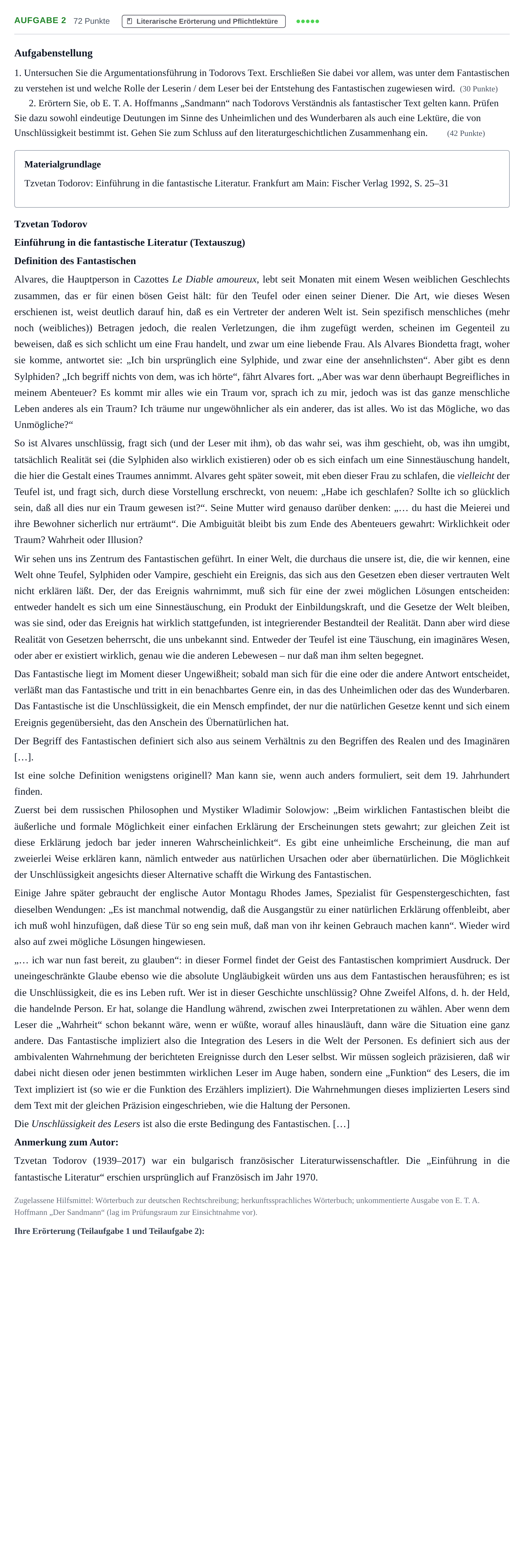Aufgabenstellung: Aufgabe 2 · Abitur NRW Deutsch LK · Nachtermin · Weiterbildungskolleg 2021