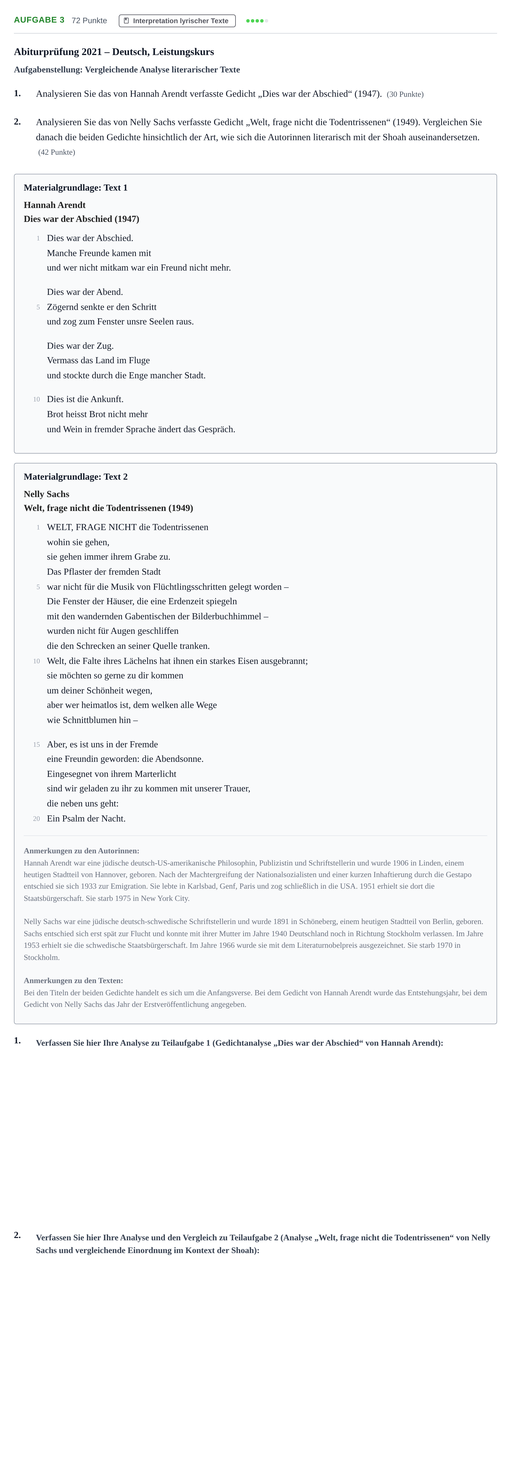Aufgabenstellung: Aufgabe 3 · Abitur NRW Deutsch LK · Nachtermin · Weiterbildungskolleg 2021