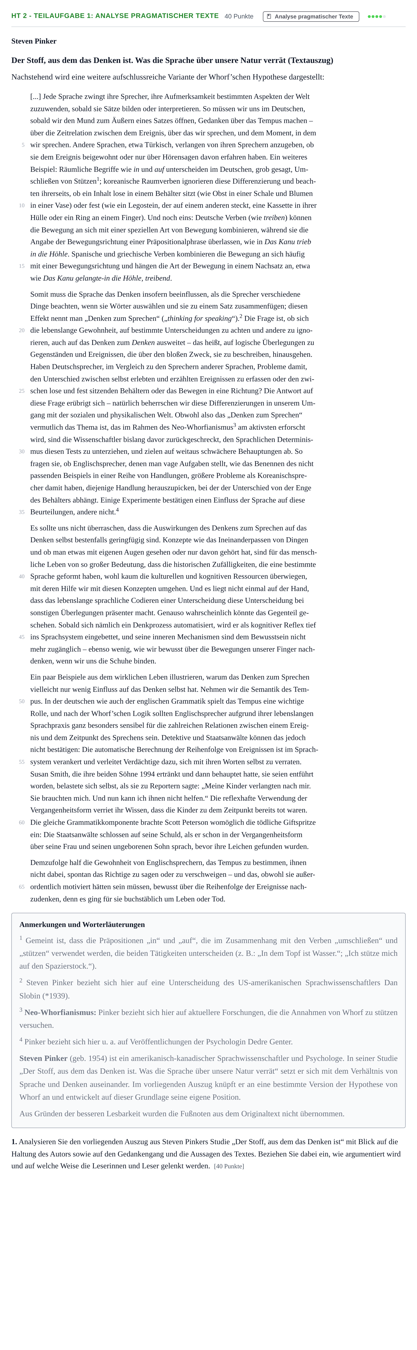 Aufgabenstellung: Aufgabe HT 2 - Teilaufgabe 1: Analyse pragmatischer Texte · Abitur NRW Deutsch LK · Haupttermin · Weiterbildungskolleg 2021