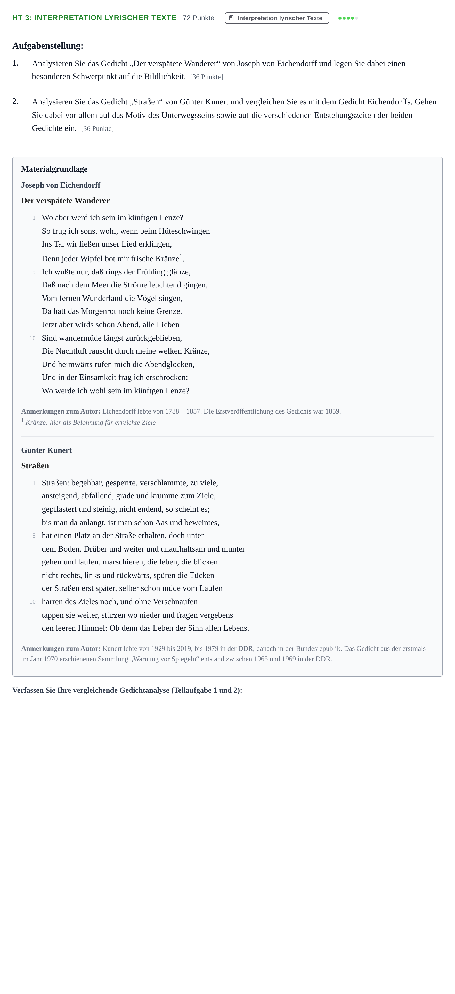 Aufgabenstellung: Aufgabe HT 3: Interpretation lyrischer Texte · Abitur NRW Deutsch LK · Haupttermin · Weiterbildungskolleg 2021