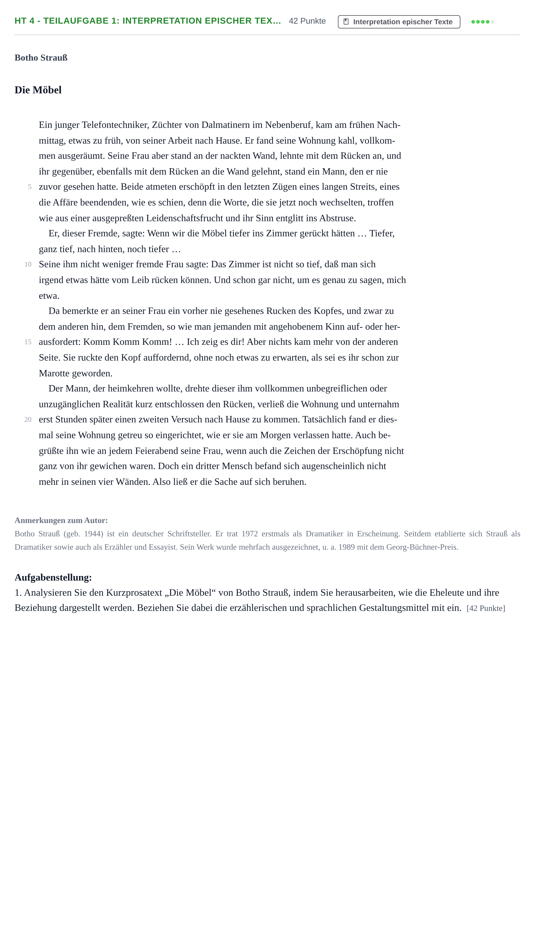 Aufgabenstellung: Aufgabe HT 4 - Teilaufgabe 1: Interpretation epischer Tex… · Abitur NRW Deutsch LK · Haupttermin · Weiterbildungskolleg 2021
