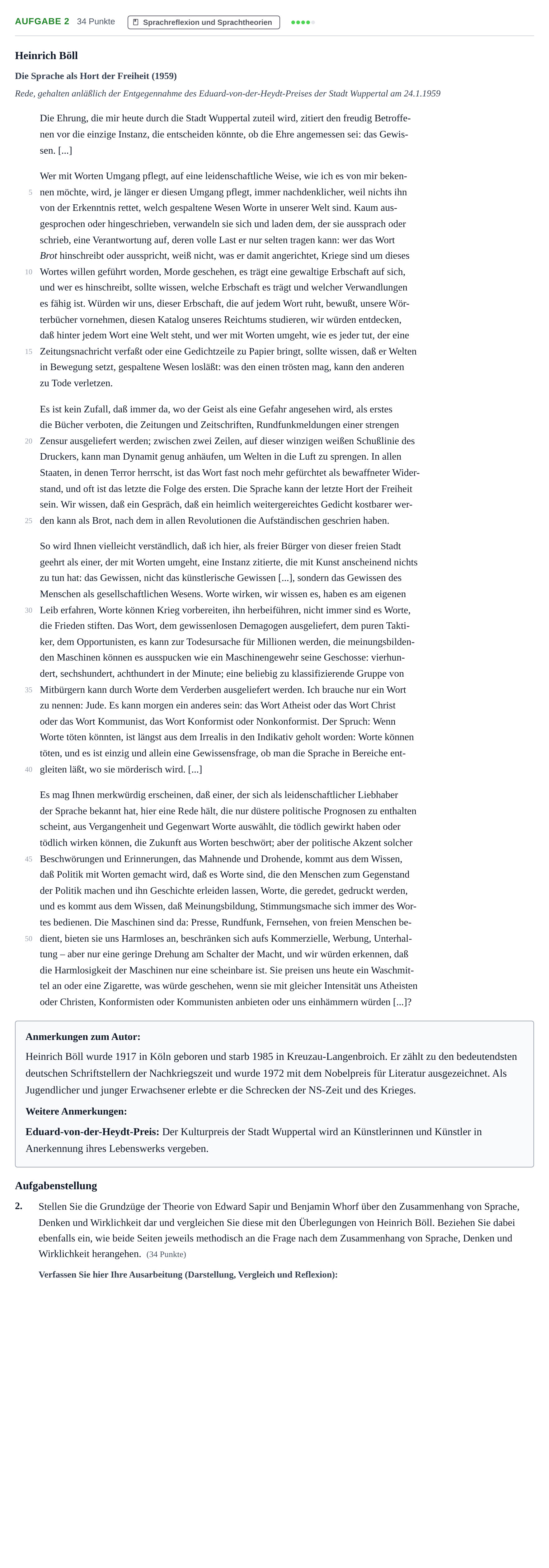 Aufgabenstellung: Aufgabe 2 - Sprachreflexion und Sprachtheorien · Abitur NRW Deutsch LK · Haupttermin · Weiterbildungskolleg 2021