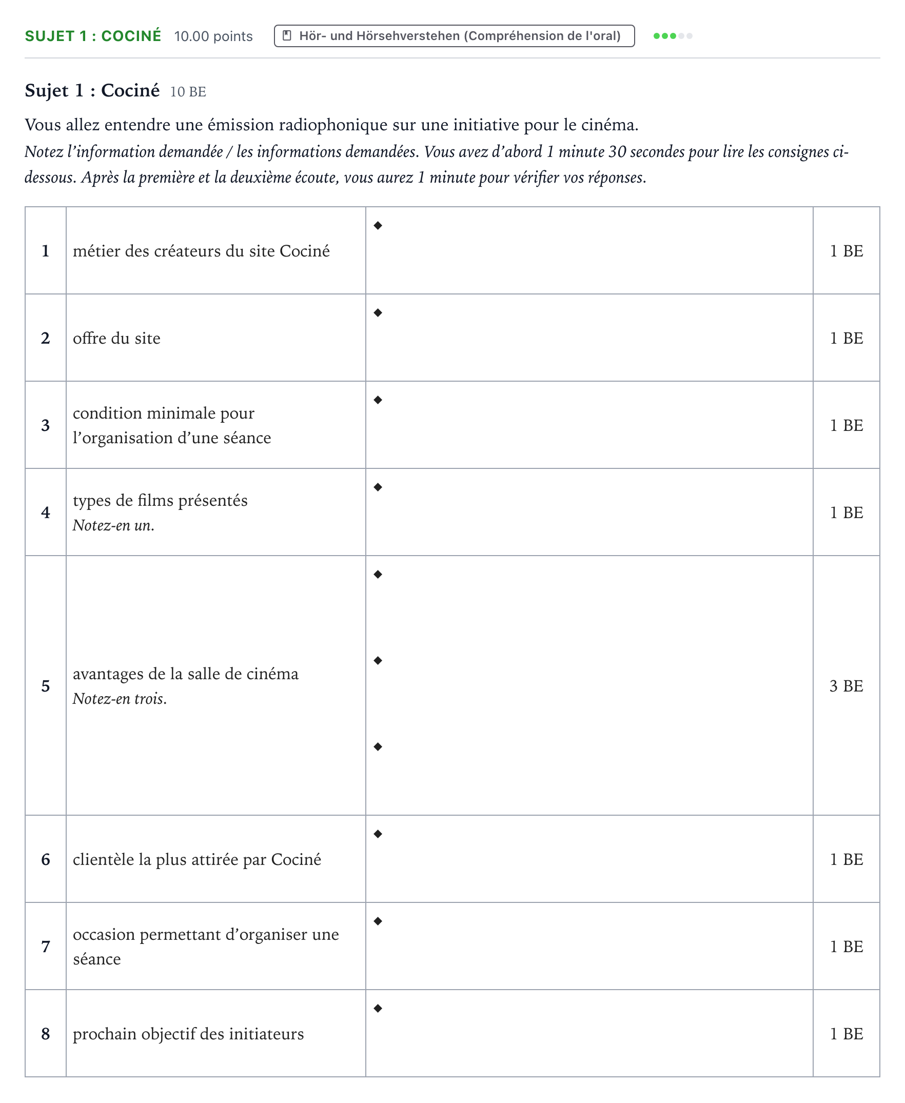 Aufgabenstellung: Aufgabe Sujet 1 : Cociné · Abitur NRW Französisch LK · Visioconférences 2024