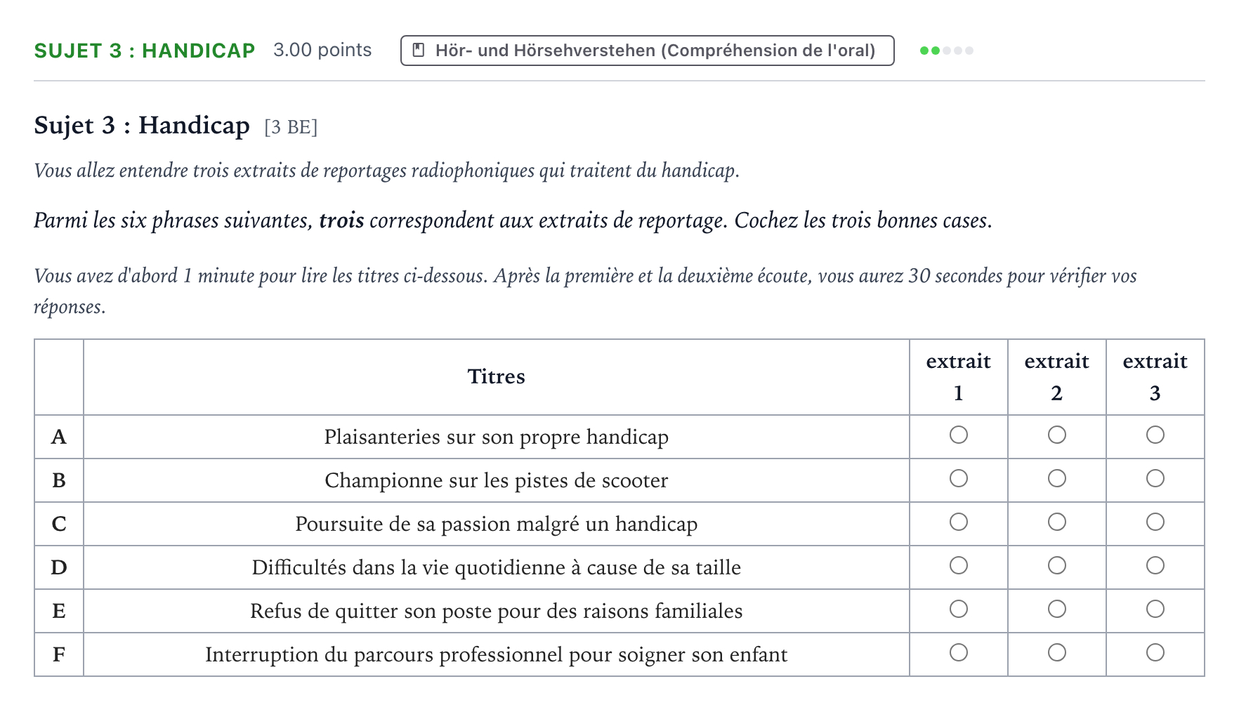 Aufgabenstellung: Aufgabe Sujet 3 : Handicap · Abitur NRW Französisch LK · Un café particulier 2026