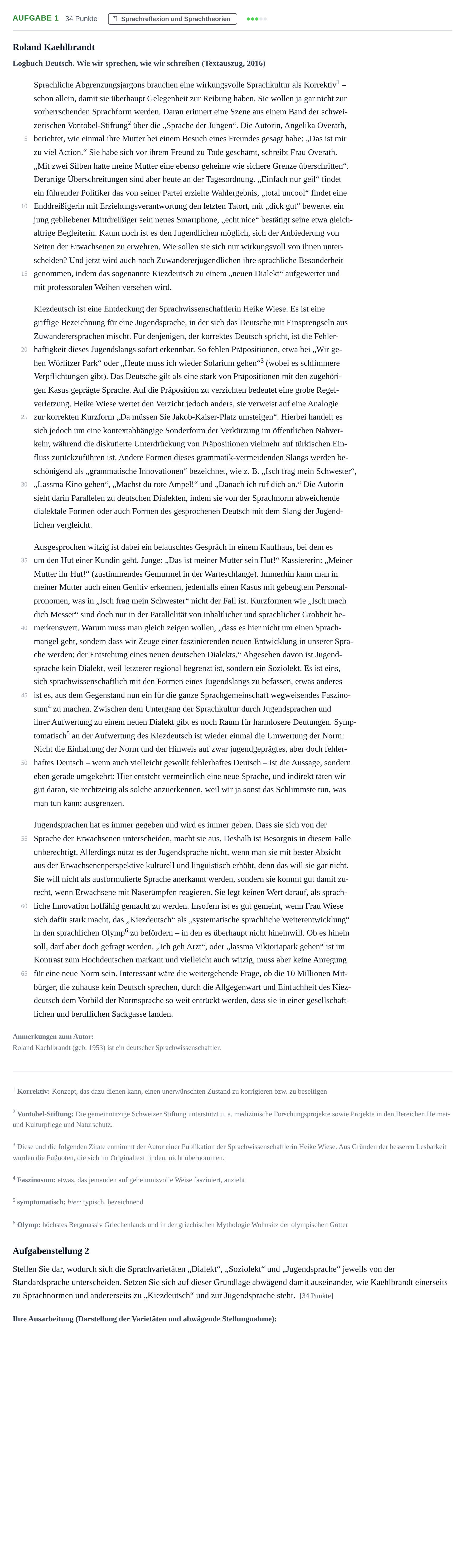 Aufgabenstellung: Aufgabe 1 - Sprachreflexion · Abitur NRW Deutsch GK · Haupttermin · Weiterbildungskolleg 2022