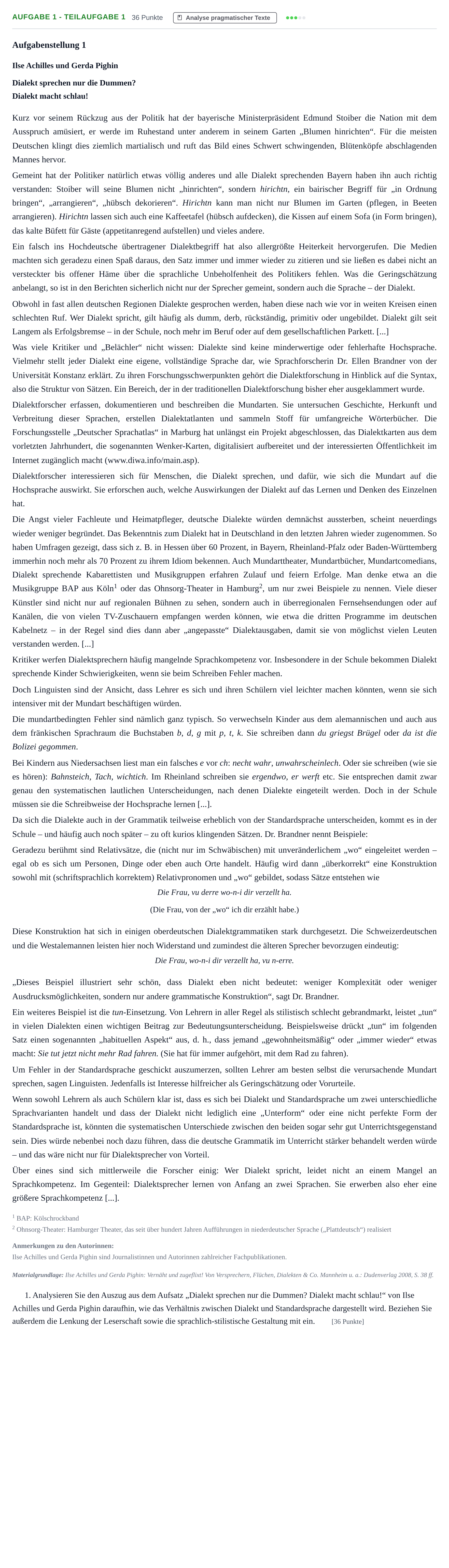 Aufgabenstellung: Aufgabe 1 - Teilaufgabe 1 · Abitur NRW Deutsch GK · Nachtermin 2022
